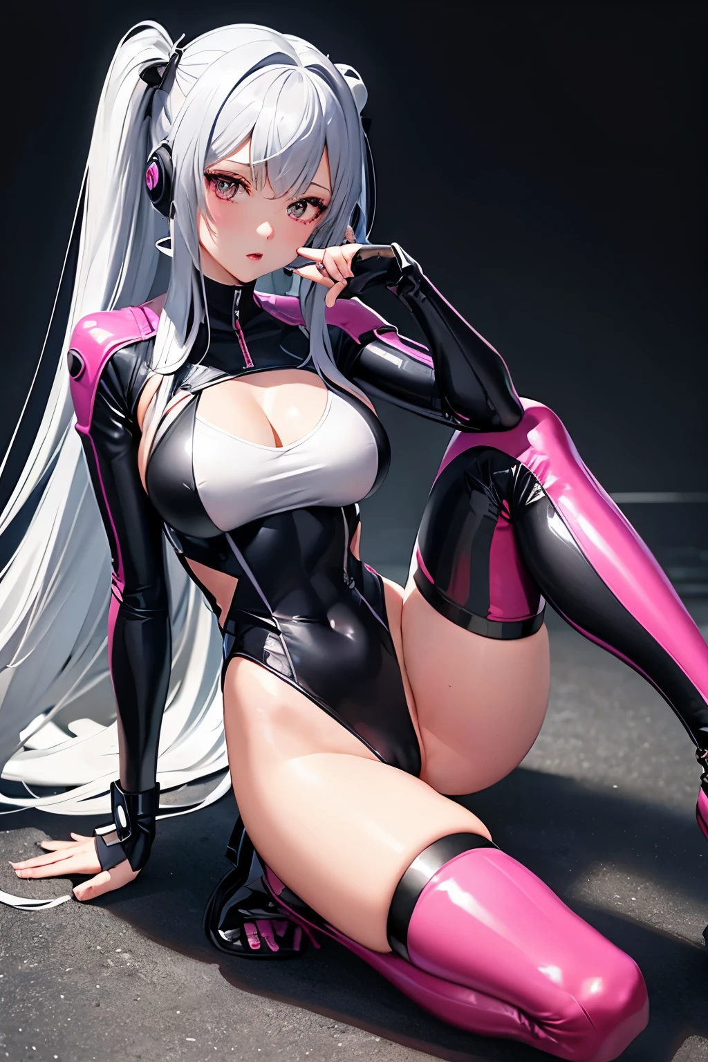 （（（highest quality、first-clasasterpiece、Normal body、8k、Detailed face、Ultra-precision、Normal hand、Normal finger、５Finger、）））Girl on all fours、Bright silver hair、Shortcuts、Black and white cyber suit、A tight and risqué cyber suit、Thin leotard cyber suit、Revealing cybersuit、See-through high-leg cyber suit、Naughty Cyber Suit、Sexy Cyber Suit、The chest and abdomen of the cybersuit are exposed.、I see pink underwear、Pink Pants、Pink Bra、I can see her cleavage、Nipples勃起、Nipples、blush、I&#39;m embarrassed and trembling、Watery eye、On all fours、Order、Absolute Obedience、Obedience、Soaked Cybersuit、Soaked with water、Wet and see-through、Masochist girl、being somewhat excited、In heat、shortness of breath、White Breath、Lustful eyes、Open mouth, stick out tongue and drool、Ahegao、Orderされて四つん這いになる、On all fours、put both hands on the ground、Collared、He enjoys being pulled by the lead on his collar.