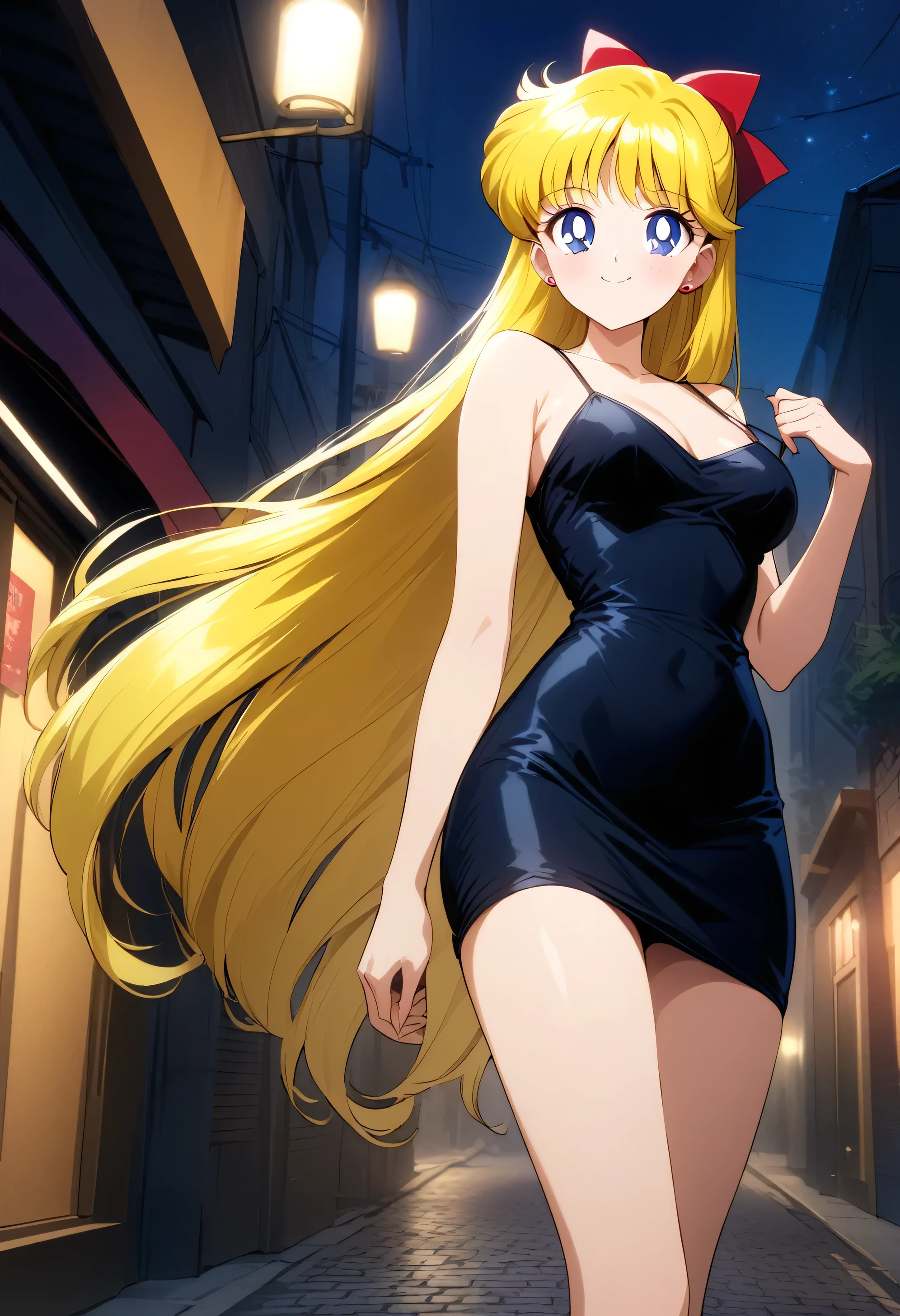 masterpiece, best quality, very aesthetic, absurdres, aavenus, long hair, blonde hair, hair bow, blue eyes, earrings, taut dress, spaghetti strap, black dress, sleeveless,  night, street, standing, cowboy shot, medium breast, smile