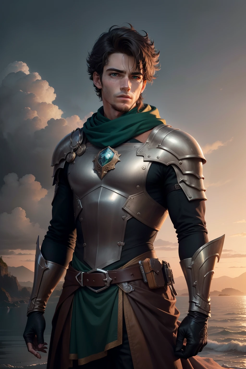 close up de 1 homem, jovem, of Irish descent, ranger andando por uma vila de fantasia, uma noite de luar, rosto bonito,medium-sized dark hair,green eyes beautiful sky, (oil-painting), classic art: 0.4, detalhado, intrincado, (arte de fantasia), cor silenciada: 0.25, melhor qualidade, boa anatomia, good composition, good proportions, bom design, dinamic pose, boa pose, realistic sky, fundos realistas, (cinemactic), (mais alta qualidade, premiado, obra-prima:1.3), (arte de Arthur Rackham:0.5), ((cores naturais))), (fotorrealista:1.4), ((empty hands, sem segurar nada)),