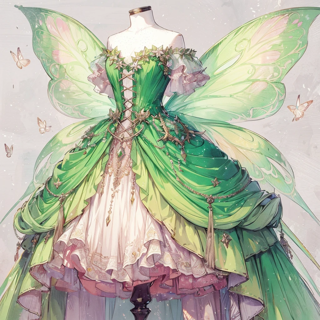 (Exquisite, beautiful, Very detailed, masterpiece, high quality,High resolution),(Beautiful dress design illustration in vibrant colors in pastel colors on a light gray background),A girl with fairy wings is wearing a long dress with a bright emerald-colored draped peplum on the bottom of the corset, decorated with ribbons and peridots, and a fluffy white pannier underneath. The corset is decorated with peridots., A pretty princess dress inspired by peridot,
