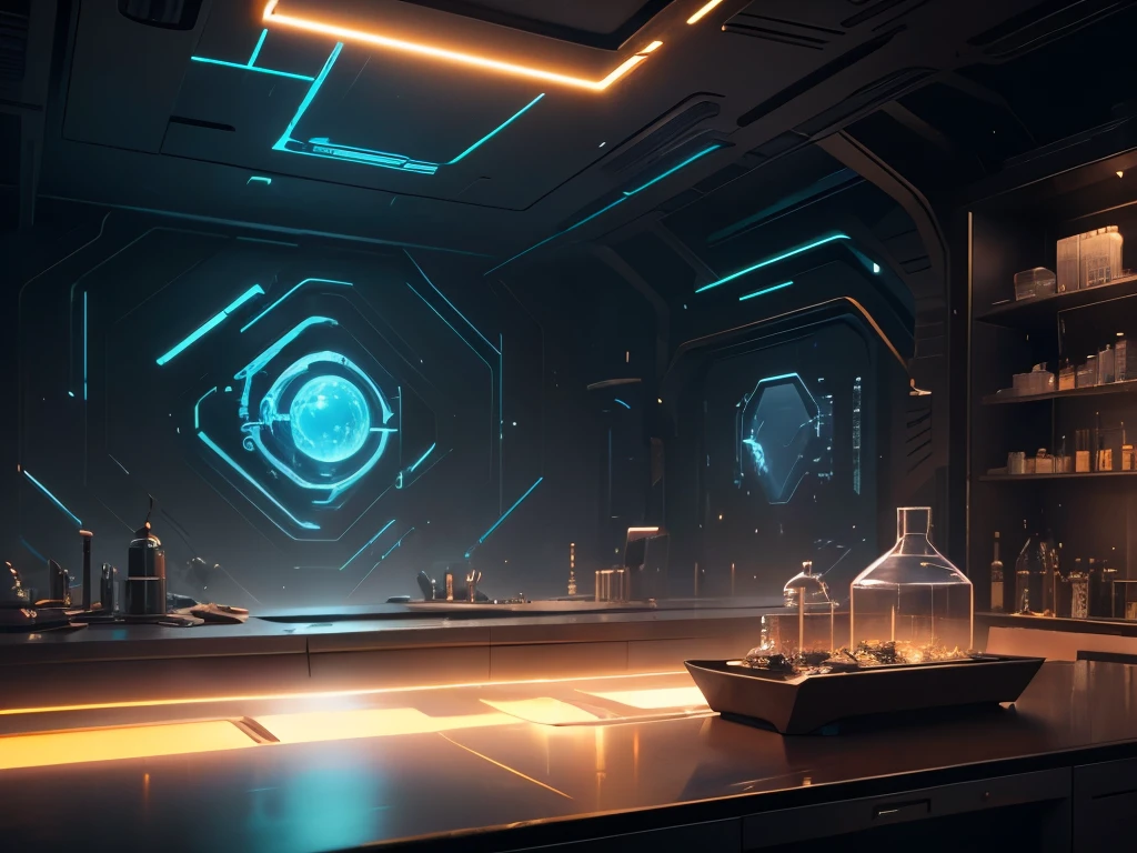 , Alchemy Fusion Lab, AI alchemist transforms matter and data, Unlock new forms of elemental existence. , cgstudio, image, Space art , Cyberpunk atmosphere, one room