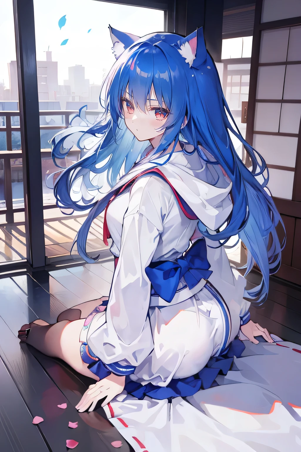 （masterpiece：1.2），Super detailed，lifelike，Expressive eyes，fair skin，perfect face shape，1 girl，
Japanese comics,Gorgeous blue hair,flowing blue hair,flowing clothes,Cat ears,Petals fall,beautiful lola,Baby Angel,
Shaking head with one hand，Cross your legs，Gentle and peaceful background，The pavilion is cool and comfortable,smile, wearing hoodie, background of tokyo,back views,snowing, winter.