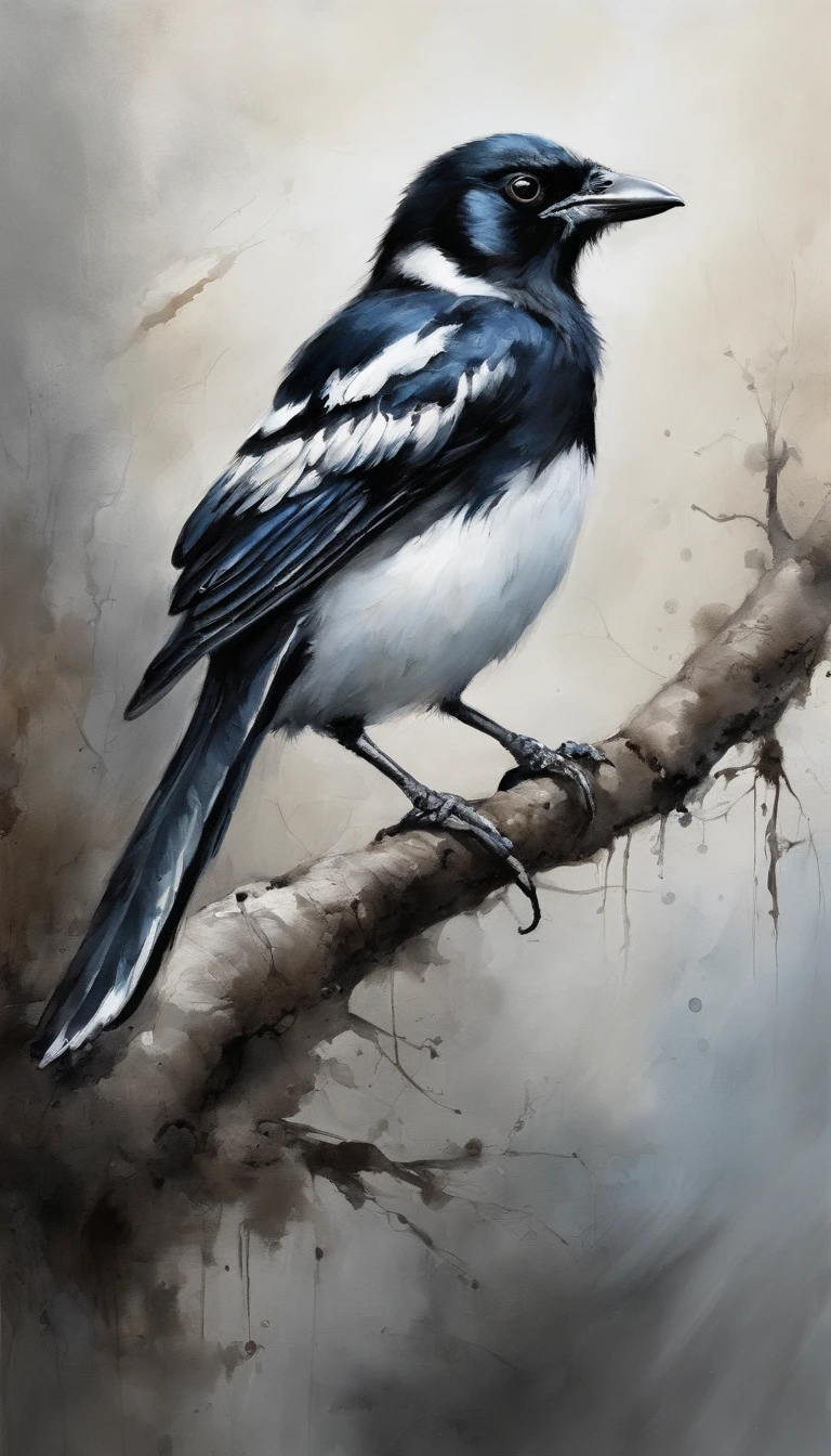 A black and white magpie on a branch,Una sombra con Forma de caminante, starry night, There is thick fog on the ground, Blue light on the horizon, motor unreal 5, Kinesiology, low angle photography, DesenFoque de movimiento, ProFundidad de campo, dust, Pebbles and dirt. Ink Art, Paint dripping. PerFect color gradation. InFluenciado por Karel Appel y Jeremy Mann, Full oF dramatic and menacing scenes, Ultra detailed, BeautiFul, incredible details, Intricate details, Edit photos, Shot with a 50mm lens, ProFundidad de campo, tilt blur, Shutter Speed 1/1000, F/22. Lightmaps, Super bright