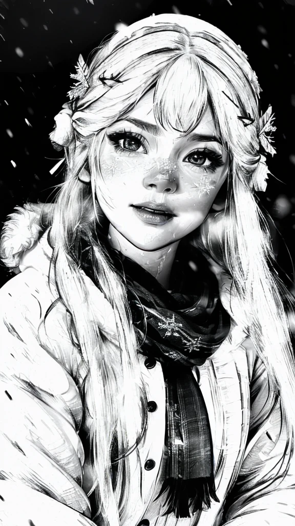 (best quality,highres,ultra-detailed,realistic:1.2),black and white,portrait,beautiful snowy landscape,girl playing in the snow,snowflakes on her hair and clothes,natural lighting,soft focus,serene expression,winter wonderland