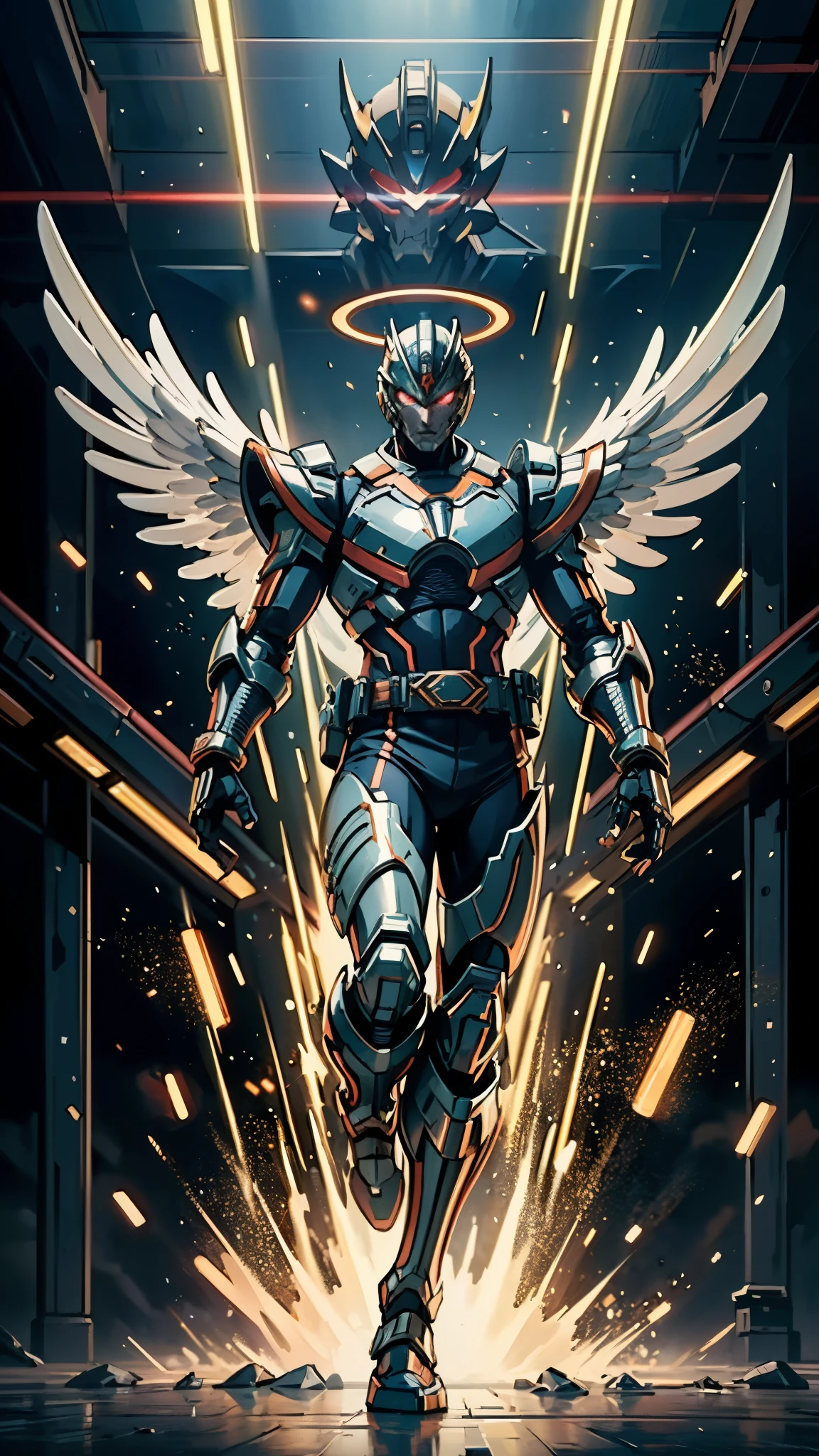 A man wearing a full-face helmet, a fantasy-style biotech armored combat suit, green eyes, (a composite layered chest armor), fully enclosed shoulder guards, matching arm and leg guards, the belt is adorned with Halo, (the color scheme is primarily white with red and blue accents), the design balances heavy with agility, a high-tech bio-mecha armor, (Armor Concept Inspired by Angel, stand on the top of a skyscraper in a futuristic sci-fi city), this character embodies a finely crafted fantasy-surreal style armored hero in anime style, exquisite and manga art style, (battle damage, element, plasma, energy, the armor glows), ((male:1.5)), metallic, real texture material, dramatic, high definition, best quality, highres, ultra-detailed, ultra-fine painting, extremely delicate, professional, perfect body proportions, golden ratio, anatomically correct, symmetrical face, extremely detailed eyes and face, high quality eyes, creativity, RAW photo, UHD, 32k, Natural light, cinematic lighting, masterpiece-anatomy-perfect, masterpiece:1.5