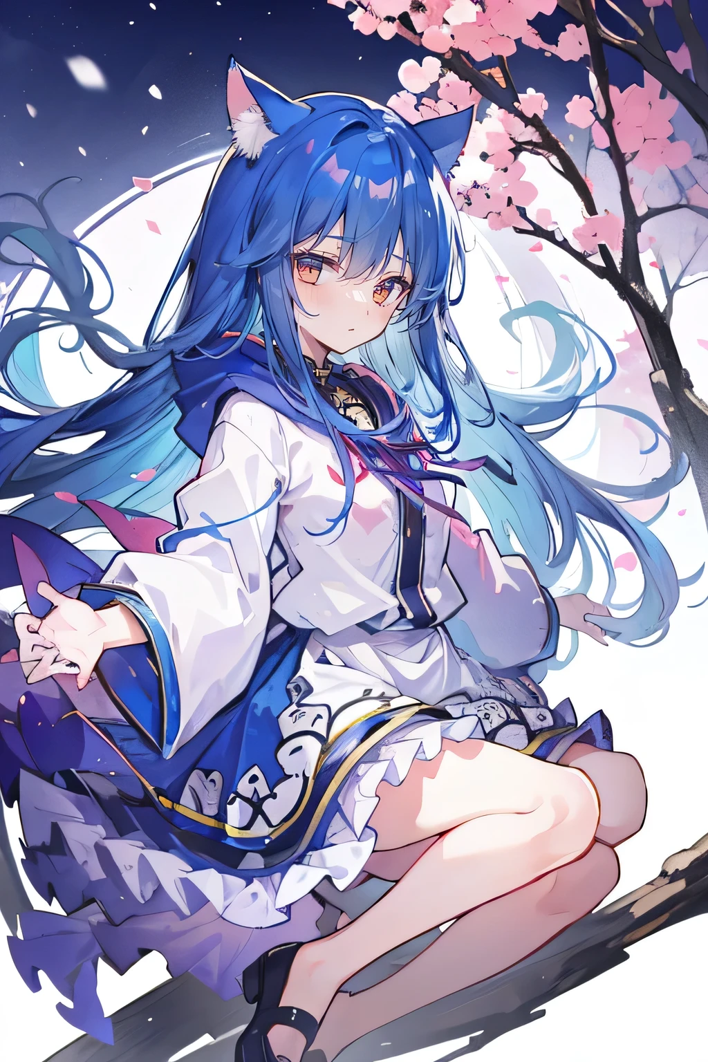 (masterpiece:1.2),Super detailed,lifelike,Expressive eyes,fair skin,perfect face shape,1 girl,
Japanese comics,Gorgeous blue hair,flowing blue hair,flowing clothes,Cat ears,Petals fall,beautiful lola,Baby Angel,
Shaking head with one hand,Cross your legs,Gentle and peaceful background,The pavilion is cool and comfortable,smile, wearing hoodie, background of tokyo,back views,snowing, winter.