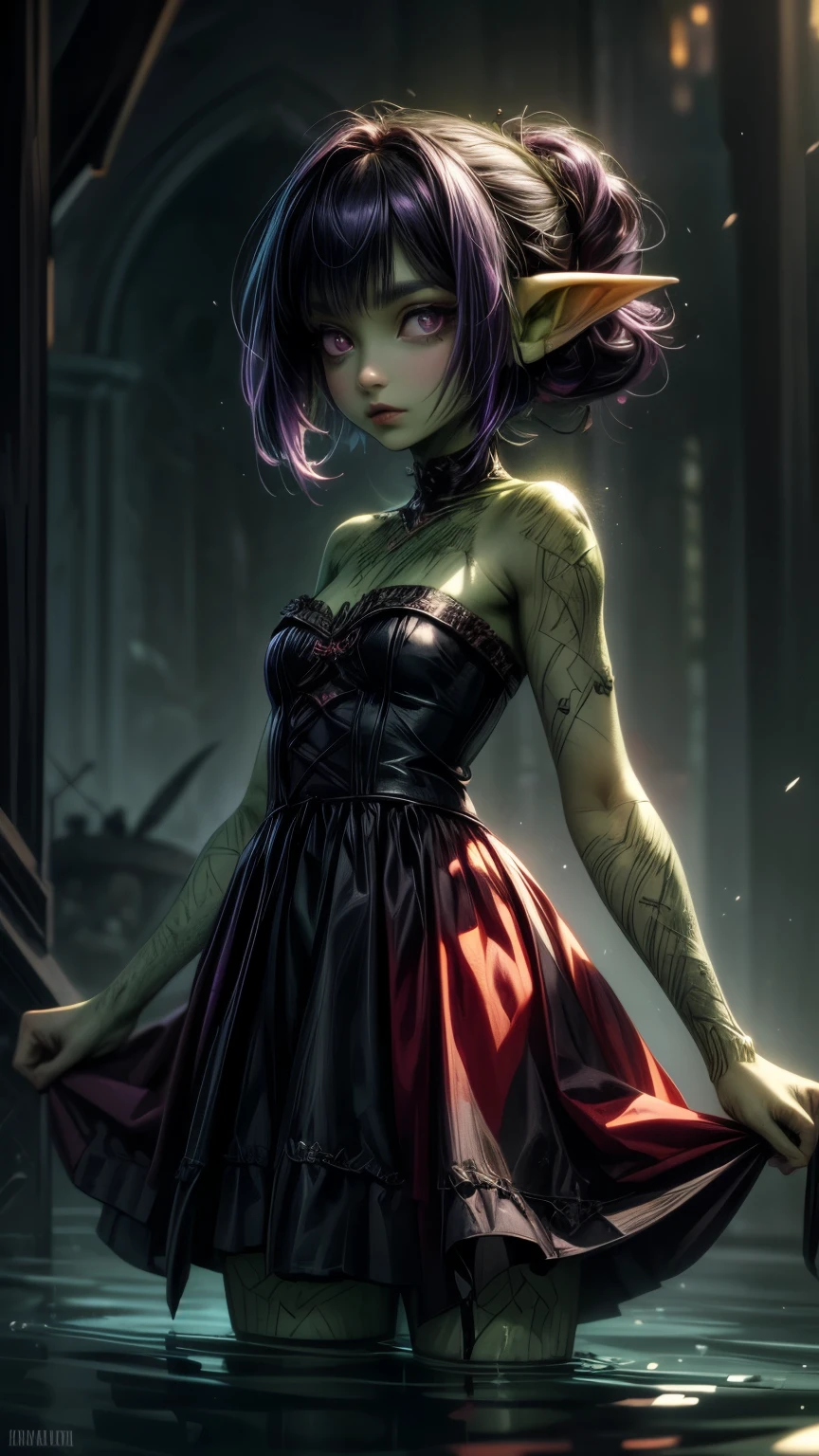 absurdrez, ((best quality)), ((masterpiece)), (detailed), dark gothic horror style, Halloween style, very small goblin girl, (green skin), pointy ears, short purple hair with black streaks pixie hairstyle, aloof expression, looking down on viewer, bright red eyes, superior attitude, sassy, smug, dipping her toe into green water, stepping into water, focus on feet