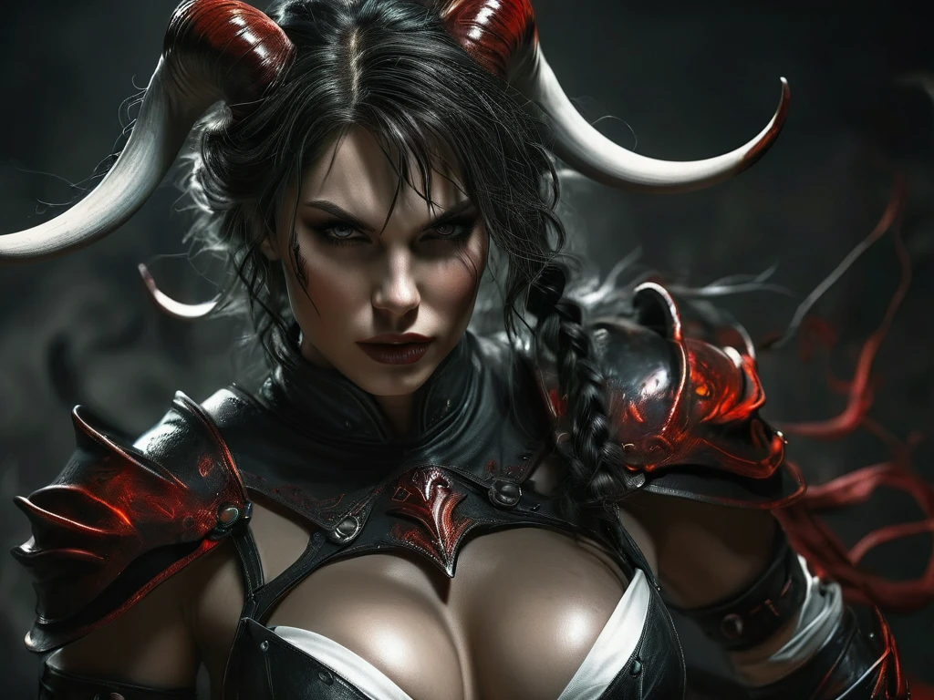 (((skulls on the ground))), (((Make a blood sacrifice))), (carnage:1.5),(black and white demoness:1.5),(beautiful female model:1.5), (((Large breast:2.0o))), (demoness with Large horns:1.25),(1 super muscular with flayed skin:1.5), (perfect anatomy:1.5), high detail, best quality, masterpiece, finely detail, realistic skin texture, insanely detailed, intricate, glowing white eyes, dark hair, glowing white background, holding whip, hair bun, beautiful female face, white skin. black and white demoness:1.5, Hyperrealism, breathtaking, ultra realistic, ultra detailed,85 mm art lens, f 1.2, sharp focus, 8 k high definition, wide-angle, ultra details, ultra detailed photo of a black and white demoness, Hyperrealism, breathtaking, ultra realistic, ultra detailed, cinematic lighting, photography, stunning environment, wide-angle, , medieval, Dark room, low key light, Masterpiece, Realistic,