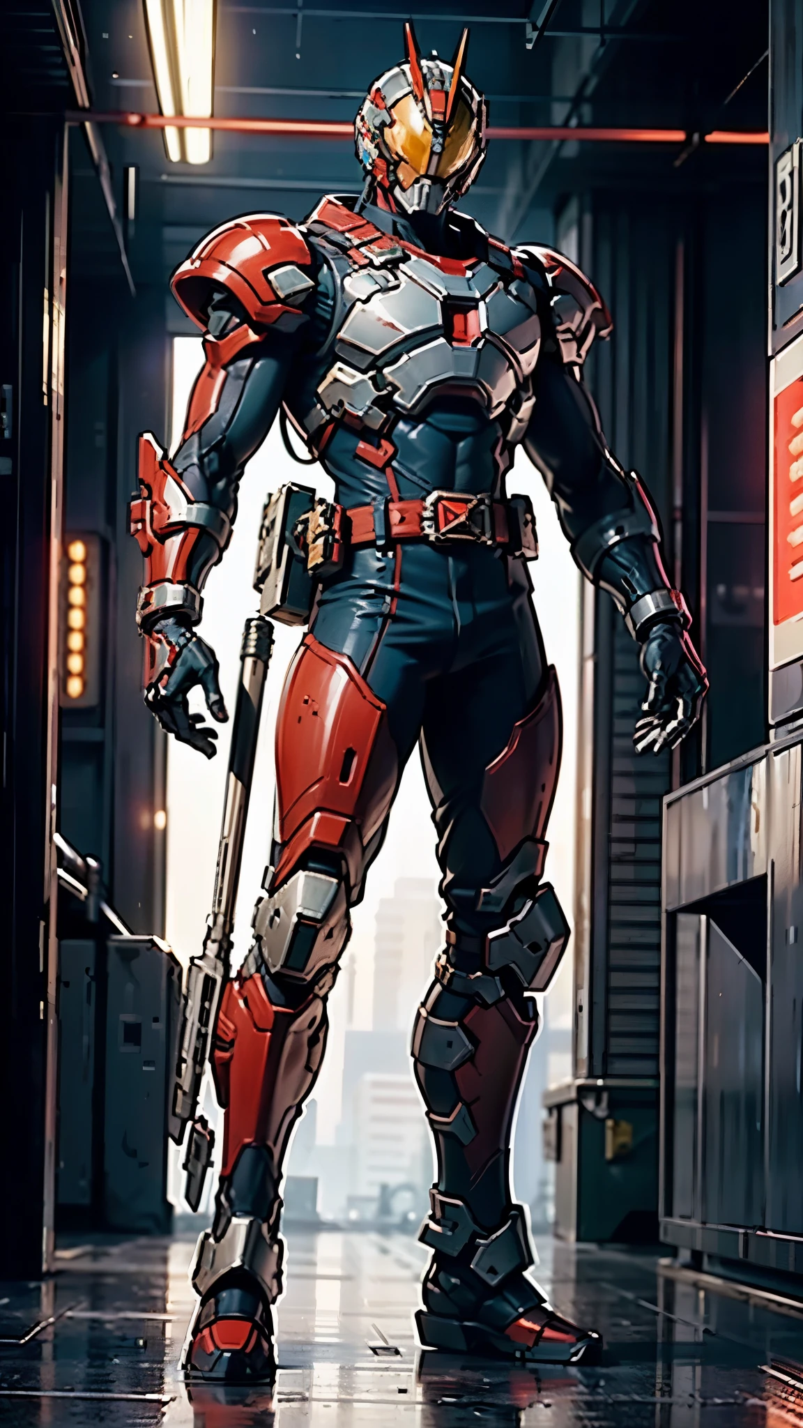 A man wearing a full-face helmet, a fantasy-style biotech armored combat suit, green eyes, (a composite layered chest armor), fully enclosed shoulder guards, matching arm and leg guards, the belt is adorned with Halo, (the color scheme is primarily white with red and blue accents), the design balances heavy with agility, a high-tech bio-mecha armor, (Armor Concept Inspired by Angel, stand on the top of a skyscraper in a futuristic sci-fi city), this character embodies a finely crafted fantasy-surreal style armored hero in anime style, exquisite and mature manga art style, (battle damage, element, plasma, energy, the armor glows), ((male:1.5)), metallic, real texture material, dramatic, high definition, best quality, highres, ultra-detailed, ultra-fine painting, extremely delicate, professional, perfect body proportions, golden ratio, anatomically correct, symmetrical face, extremely detailed eyes and face, high quality eyes, creativity, RAW photo, UHD, 32k, Natural light, cinematic lighting, masterpiece-anatomy-perfect, masterpiece:1.5