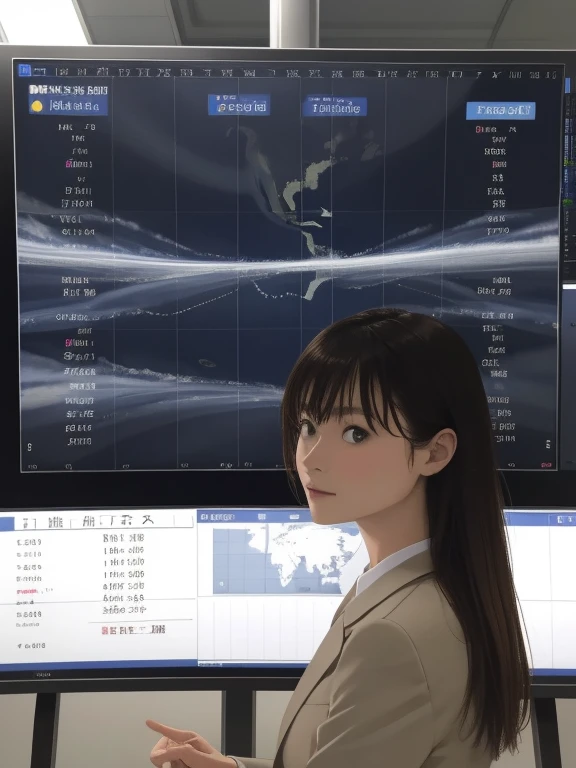 ((masterpiece, highest quality, Best image quality, High resolution, Realistic, RAW Photos, 8k)),background, TV weather forecast recording scene, A female newscaster standing in front of a weather chart board, Wearing a chic business suit, Put a stick on a weather chart, View here, Male newscaster listening to the explanation, They are interacting with each other with a serious look on their faces.,