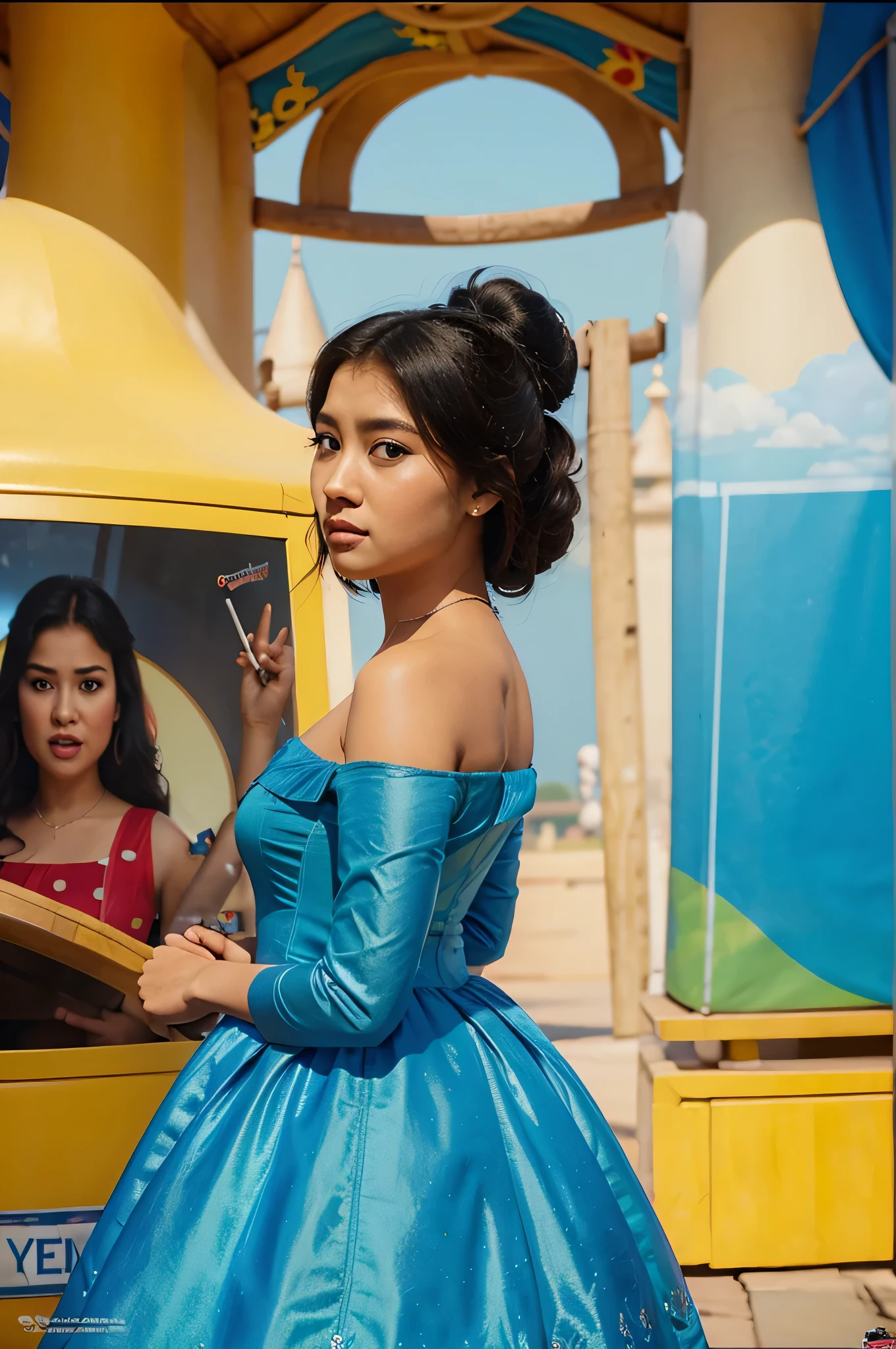Disney pixar poster say that"perempuan sedang berdiri di kota buliide
