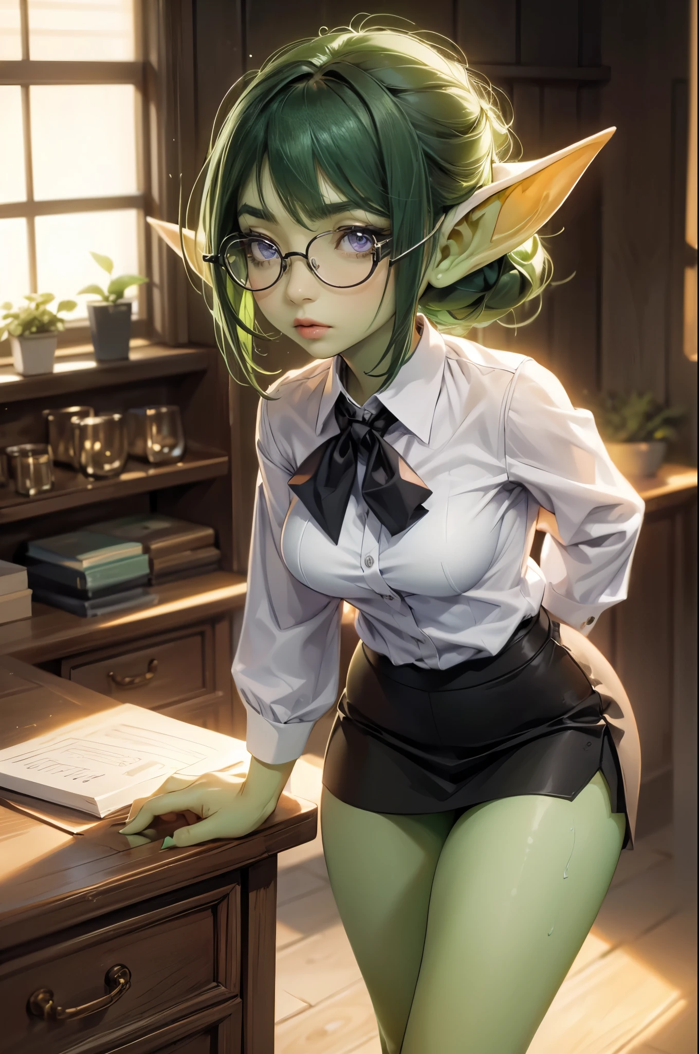 ((best quality)), ((masterpiece)), (detailed), goblin girl, (green skin), purple hair, shortstack, glasses, dynamic pose, cleavage, ((topless)), sexy, romantic lighting, full body, sitting in gamer chair, touching self, ((teasing)), caressing self, cupping breasts, dark nipples, seductive, naughty face