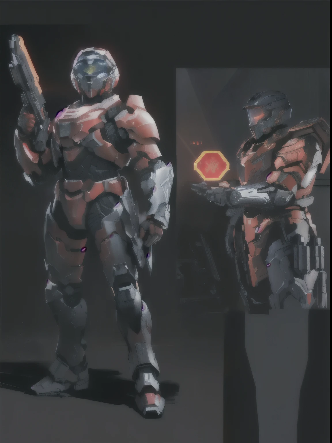 a close up of two images of a man in a red suit holding a gun, mjolnir armor from halo infinite, high-tech red armor, red heavy armor, red uniform, crimson heavy armor, intimidating full body armor, male with halo, gear halo, concept armor, red armor, in a dark space mercenary outfit, stealth suit