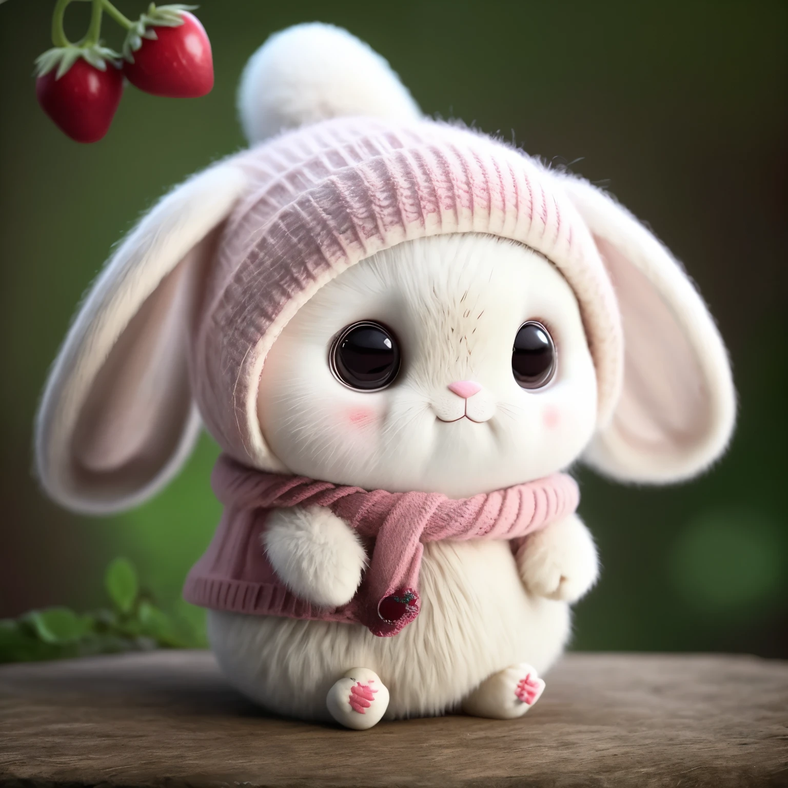 : 3. Rabbit, realistic, hairy, clothed animal, apple, dark circles, blush, cherry, food, fruit, full body, hat, non-human, strawberry, tomato, watermelon