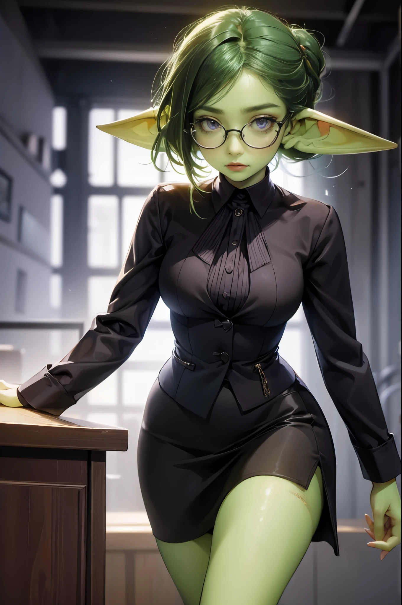 (((1girl:1.8))) (((solo))) intricate details, depth of field, tonemapping, sharp focus, hyper detailed, trending on Artstation, Masterpiece, absurdrez, amazing detail, 4k, perfect face, symmetrical, (small ears), 3 foot tall green goblin girl, very shy, (((black glasses))), ((green skin)), short dark green hair, (purple eyes), modern office setting, business attire, desk job, corporate, white blouse, black skirt, black pantyhose, messy bun hairstyle