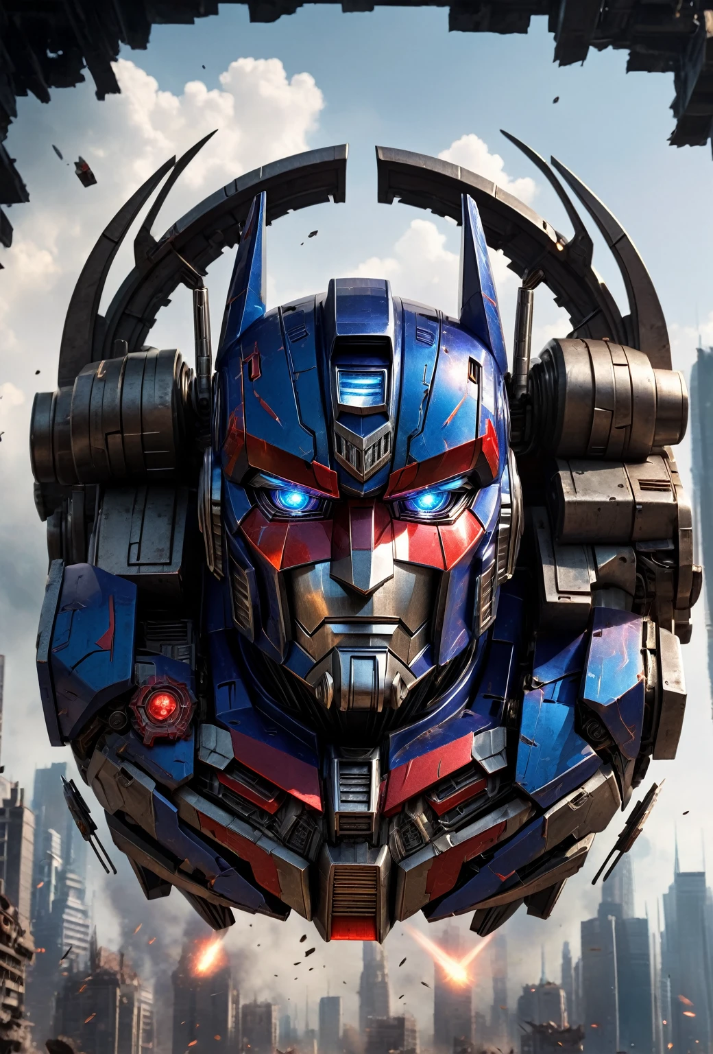 optimus prime,huge robot,shining metal armor,glowing blue eyes,sharp facial features,strong and powerful physique,massive towering height,futuristic technology,transforming capabilities,detailed mechanical parts and joints,advanced weaponry,heroic leader of the Autobots,signature red and blue color scheme,sleek and aerodynamic design,emblematic Autobot symbol on the chest,epic battle scene in a destroyed cityscape,laser beams and explosions,intense action and dynamic poses,visually stunning special effects,breathtaking cinematic composition,best quality,ultra-detailed,realistic,sci-fi,high contrast colors,dramatic lighting