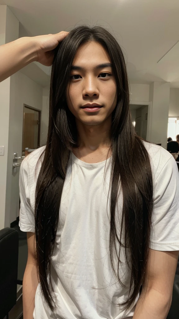 asian boy with long straight hair to the neck, doing selfie, 