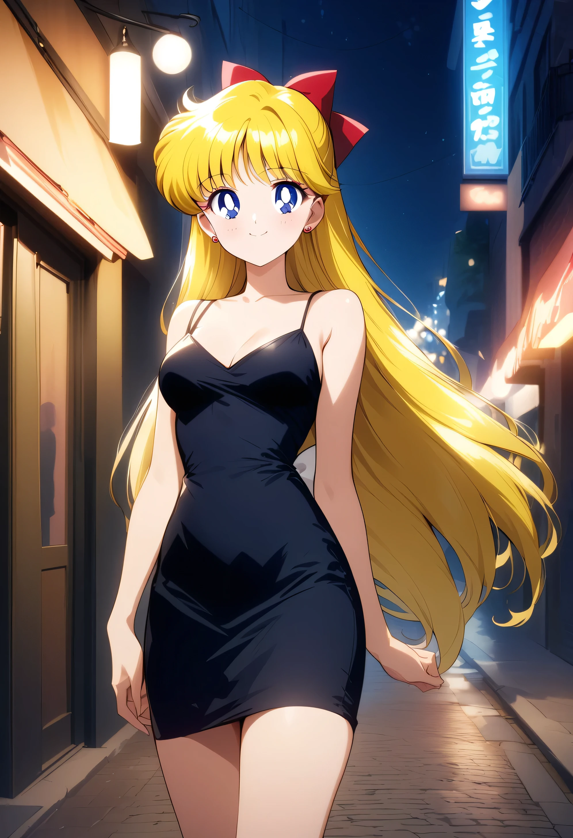 masterpiece, best quality, very aesthetic, absurdres, aavenus, long hair, blonde hair, hair bow, blue eyes, earrings, taut dress, spaghetti strap, black dress, sleeveless, night, street, standing, cowboy shot, medium breast, smile