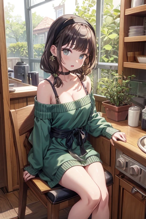 masterpiece, yor, 1girl, Bust A Cup, Amazing Cleavage:1.1, thin waist, big ass, Raised sexy, small breast: 1.1 posed cleavage:1.2、solo, looking at viewer, open mouth, have a cute grass of cute beergrass,black hair, dark green eyes, dress, bare shoulders, jewelry, collarbone, sidelocks, hairband, earrings, indoors, off shoulder, :o, sweater, arms behind back, plant, short hair with long locks, gild hairband, off-shoulder dress, sweater dress, off-shoulder sweater, red sweater, dark gord hair, big side hair, very long side hair,is rendered in (masterpiece: 1.2, best quality), with (ultra high resolution) and an exquisite (depth of field). This masterpiece is not only visually stunning but also tells,A scene of cooking in the kitchen