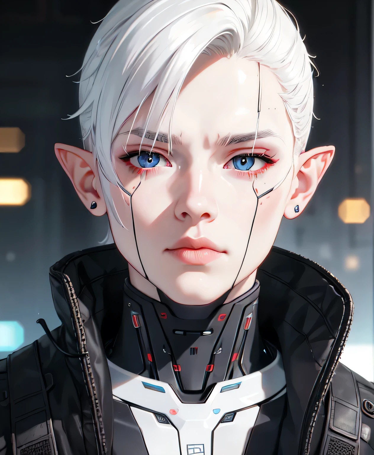 cyber_mark, facial mark, 1boy, cyborg, solo, closed mouth, portrait, nose, (cyberpunk style:1.3), medium intensity lighting, (bokeh:1.3), jealous facial expression, pear face, elf, elf ear, clean-shaven haircut, white hair, round eye shape, aquamarine eyes, crooked nose, charming, (HDR:1.3)