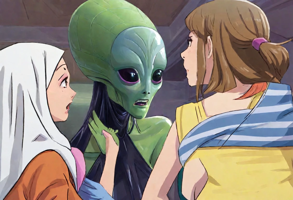A scary alien walks down a line of scared crying women deciding who to dissect