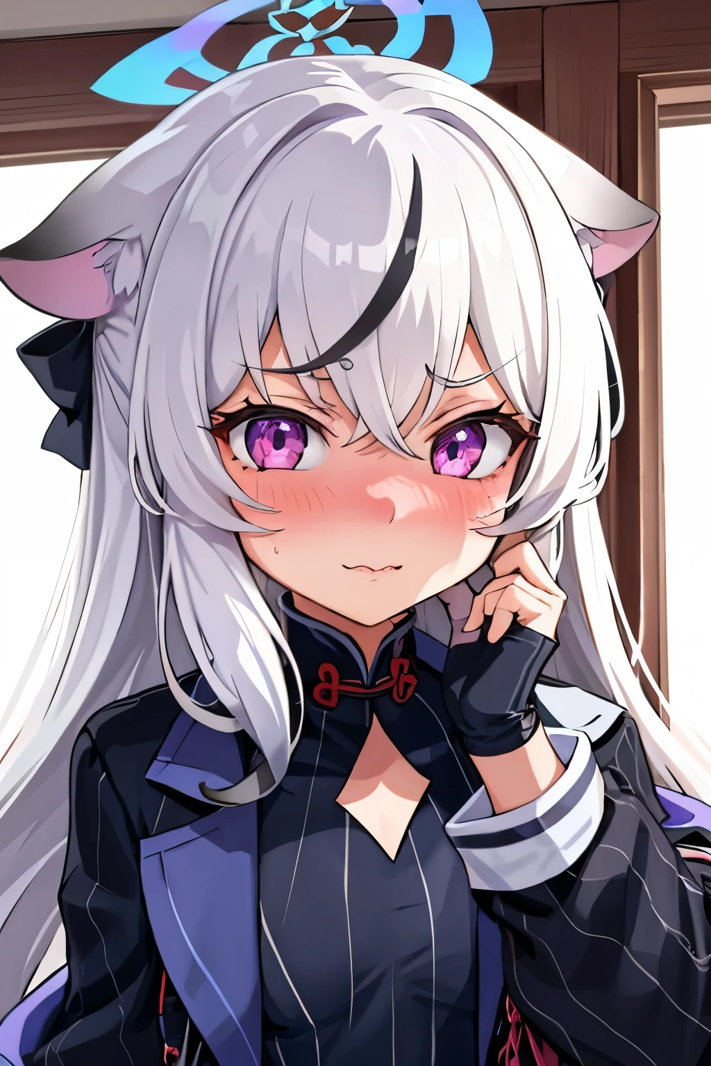 1girl, kokona, indoors, purple eyes, white hair, :3 mouth, embarrassed, beautiful eyes, beautiful lips, shiny lips, extremely detailed eyes and face, long eyelashes, close-up, warm lighting, vibrant colors, looking at the viewer, embarrassed look, blush, Winter suit, winter wonder