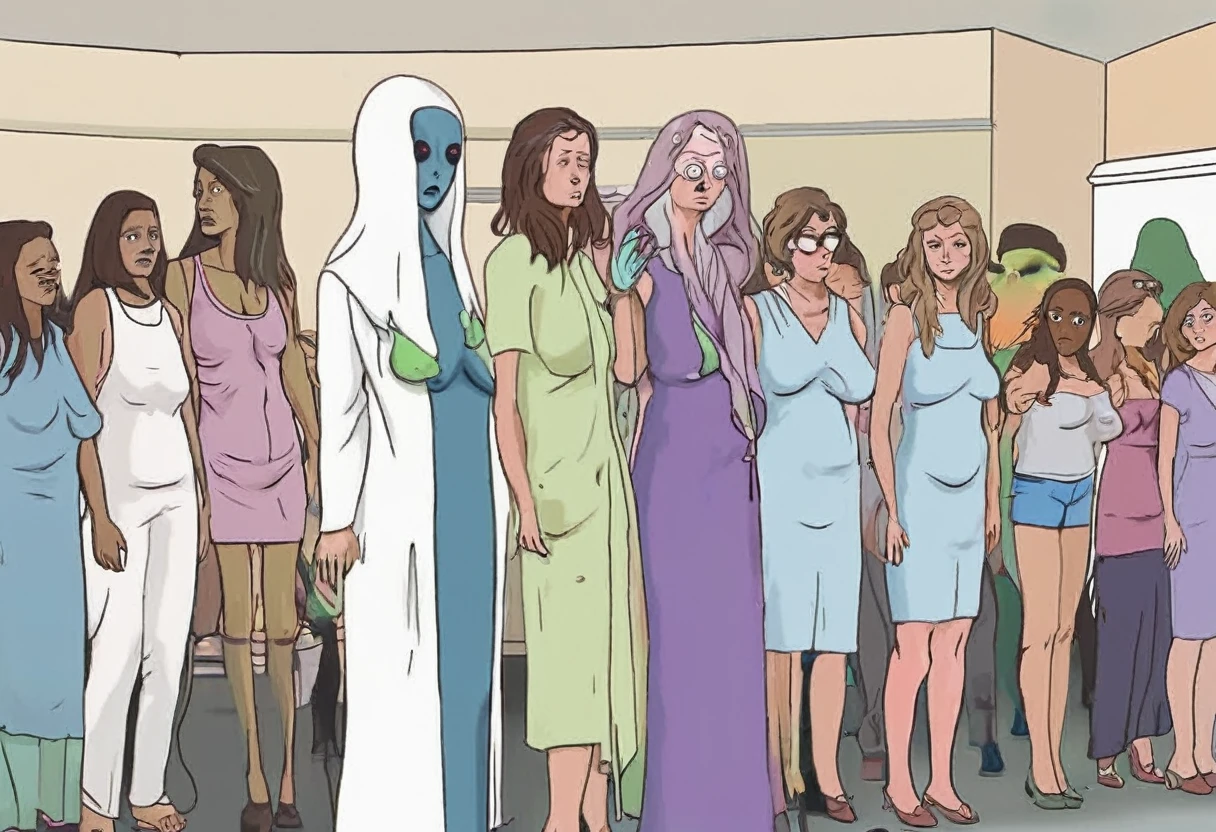 A scary alien walks down a line of scared crying women deciding who to dissect
