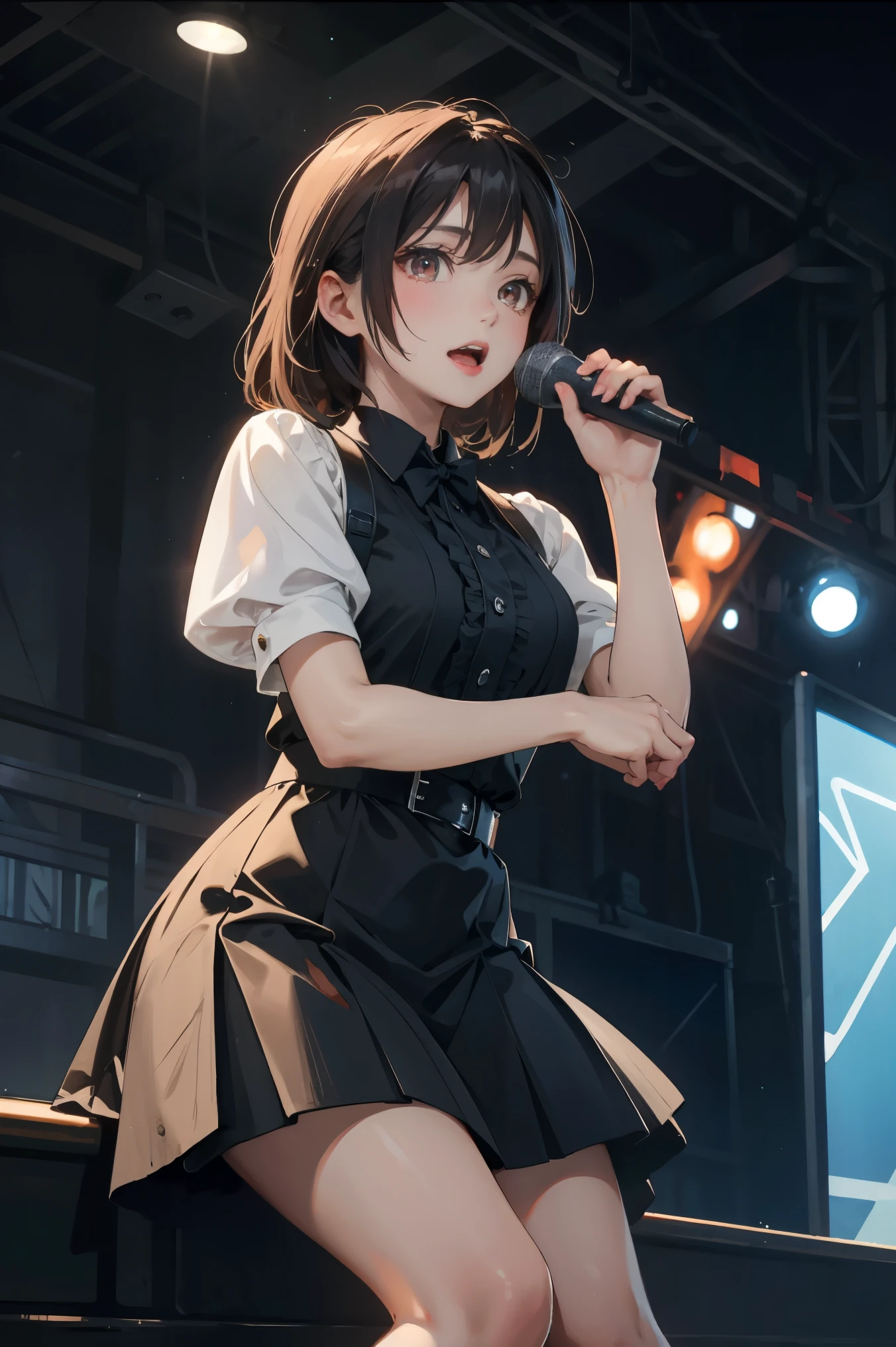 A extremely pretty and beautiful K-pop female singer, singing at live stage on gondola,
BREAK,
Close-up of face, singing scene, dress scene, looking the viewer,
BREAK,
Represent singer in bright colors, Represent singer dress in colorful colors, Represent singer's singing voice in warm colors