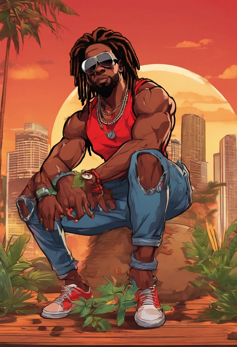 Black man wears dreadlocks, muscular eyes, red because of the sun, smokes marijuana, red tank top, jeans with capoeira rope in modern times
