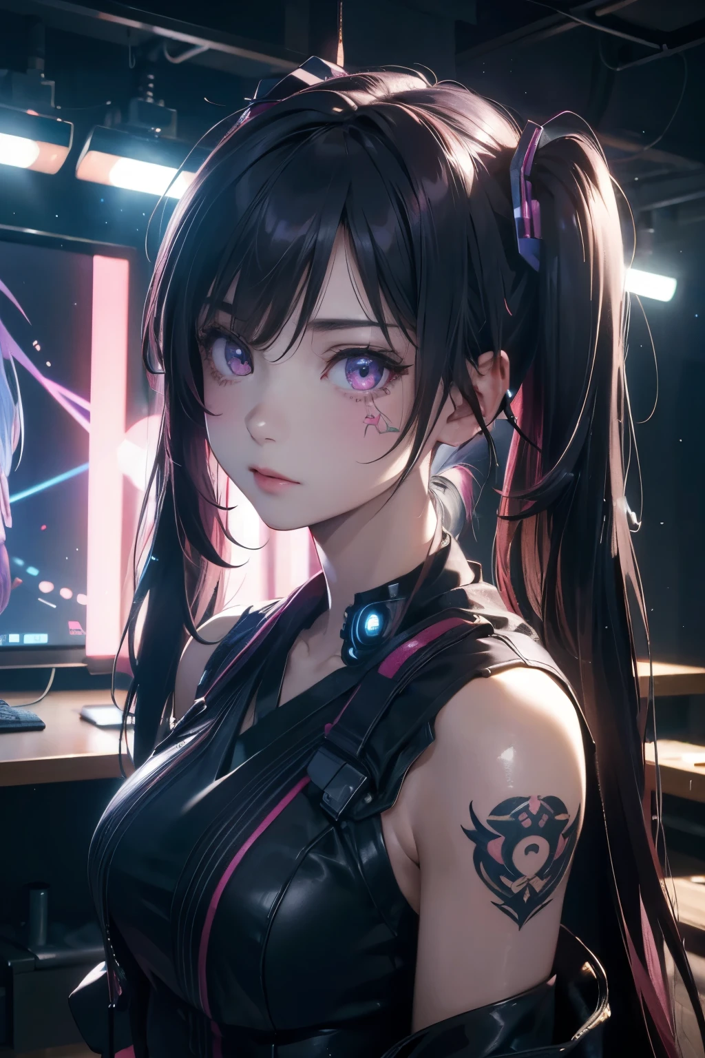 ​masterpiece, 1 beautiful girl, Detailed eye, Swollen eyes, top-quality, 超A high resolution, (reality: 1.4), Movie Lighting, japanes, a asian beauty, very extremely beautiful, Beautiful skins, A slender, Forward-facing body, (A hyper-realistic), (hight resolution), (8K), (ighly detailed), ( Best Illustration), (beautifully detailed eyes), (ultra-detailliert), Detailed face, Bright lighting, Professional Lighting、The background is a cyberpunk room with a large number of monitors.....、The cord is connected from the costume、Hair color is pink twin tails、headset on head、small tattoo on face、Female DJ