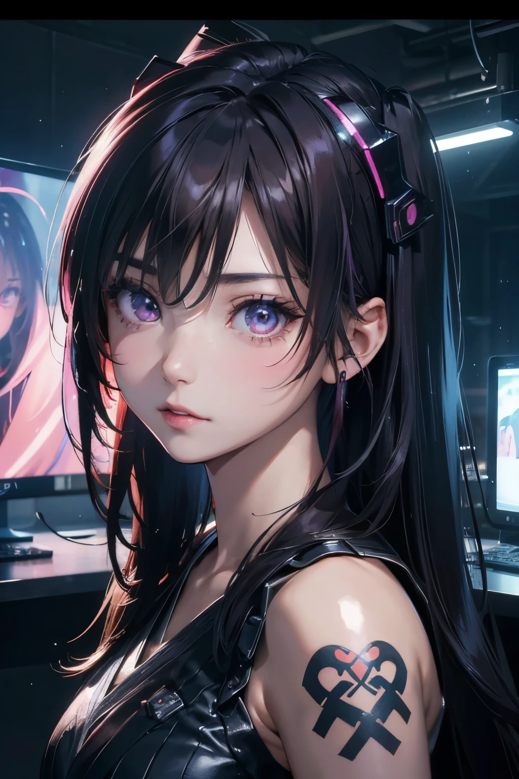 ​masterpiece, 1 beautiful girl, Detailed eye, Swollen eyes, top-quality, 超A high resolution, (reality: 1.4), Movie Lighting, japanes, a asian beauty, very extremely beautiful, Beautiful skins, A slender, Forward-facing body, (A hyper-realistic), (hight resolution), (8K), (ighly detailed), ( Best Illustration), (beautifully detailed eyes), (ultra-detailliert), Detailed face, Bright lighting, Professional Lighting、The background is a cyberpunk room with a large number of monitors.....、The cord is connected from the costume、Hair color is pink twin tails、headset on head、small tattoo on face、Female DJ