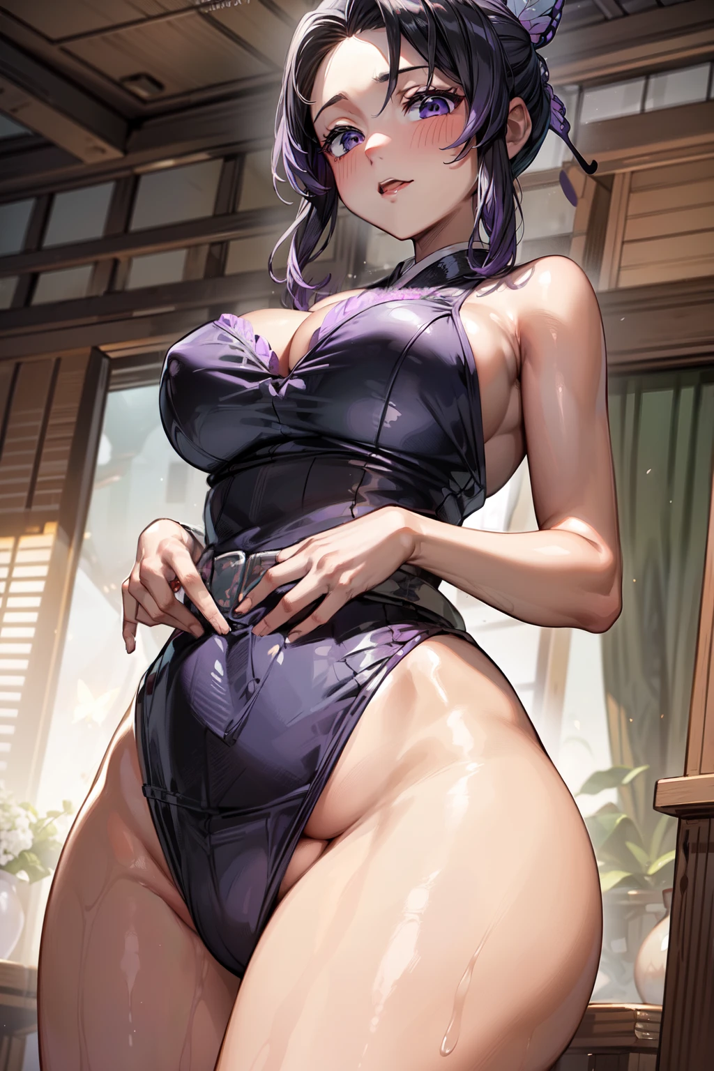 (Masterpiece, High Quality, Top quality, High-Detailed, Detailed CG, Cinematic Shadow, Cinematic Scene, Beautiful Detailed Eyes, Ultra Resolution, Depth of Field), Looking At The Audience, Looking Down, Looking At The Audience Below, (Blush Expression:1.2), (Angry Expression:1.2), (SFW:1.2), (Black Eye only a haze of gradient purple), (Black Wavy Hair That Fades Into Dark Purple At The Ends), Five Fingers, Good Composition, Arms, (Kimono:1.2), (Black Kimono:1.0), (Yukata:1.0), (Black Yukata:1.0), (Light Purple Butterfly Ornament), Thicc Thighs, Thick, Large Breasts, Huge Breast, Dark Background, Blur Background, Castle Room, European Room