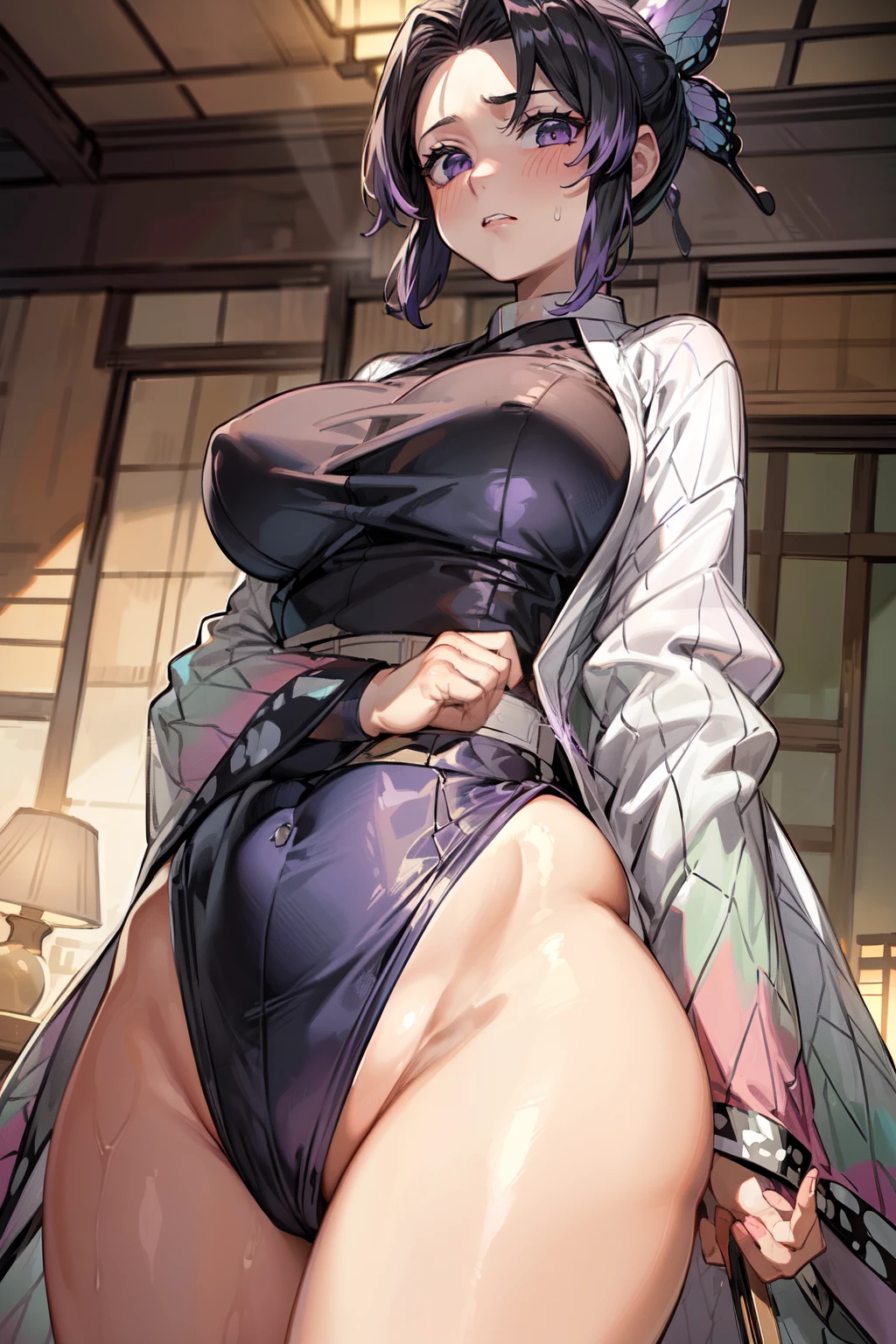 (Masterpiece, High Quality, Top quality, High-Detailed, Detailed CG, Cinematic Shadow, Cinematic Scene, Beautiful Detailed Eyes, Ultra Resolution, Depth of Field), Looking At The Audience, Looking Down, Looking At The Audience Below, (Blush Expression:1.2), (Angry Expression:1.2), (SFW:1.2), (Black Eye only a haze of gradient purple), (Black Wavy Hair That Fades Into Dark Purple At The Ends), Five Fingers, Good Composition, Arms, (Kimono:1.2), (Black Kimono:1.0), (Yukata:1.0), (Black Yukata:1.0), (Light Purple Butterfly Ornament), Thicc Thighs, Thick, Large Breasts, Huge Breast, Dark Background, Blur Background, Castle Room, European Room