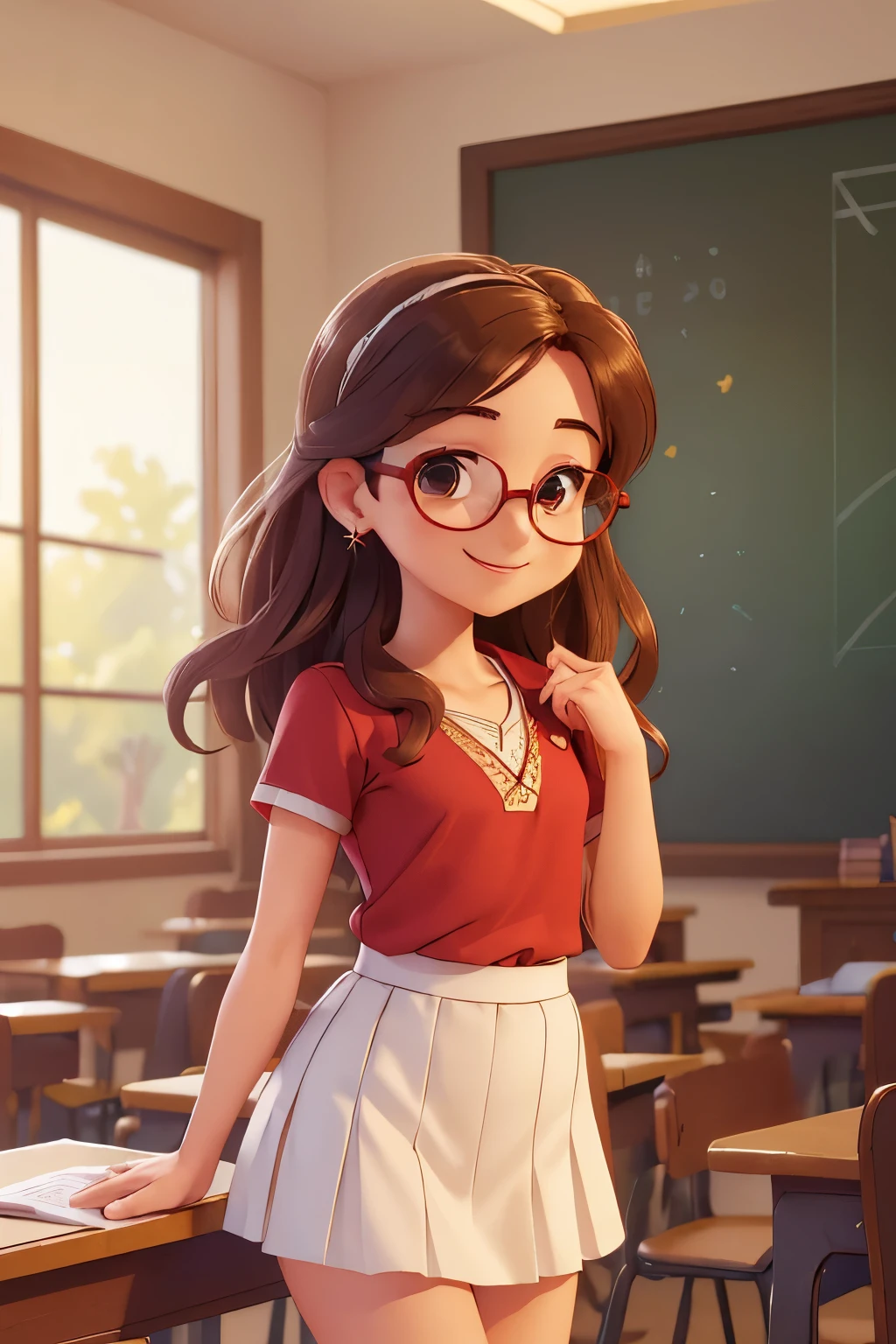 (A small chest:1.3),(Masterpiece, Best quality:1.4), (Beautiful, Aesthetic, Perfect, Delicate, Intricate:1.2),((Best quality)), ((Masterpiece)), (Detailed),(A high resolution:1.2), Classroom, An adult female, Smiling Claudia Chever, Red shirt, White skirt, Glasses, Bend over, angle of view,