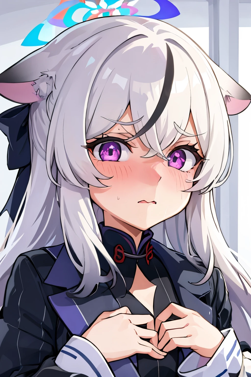 1girl, kokona, indoors, purple eyes, white hair, :3 mouth, embarrassed, beautiful eyes, beautiful lips, shiny lips, extremely detailed eyes and face, long eyelashes, close-up, warm lighting, vibrant colors, looking at the viewer, embarrassed look, blush, Winter suit, winter wonder