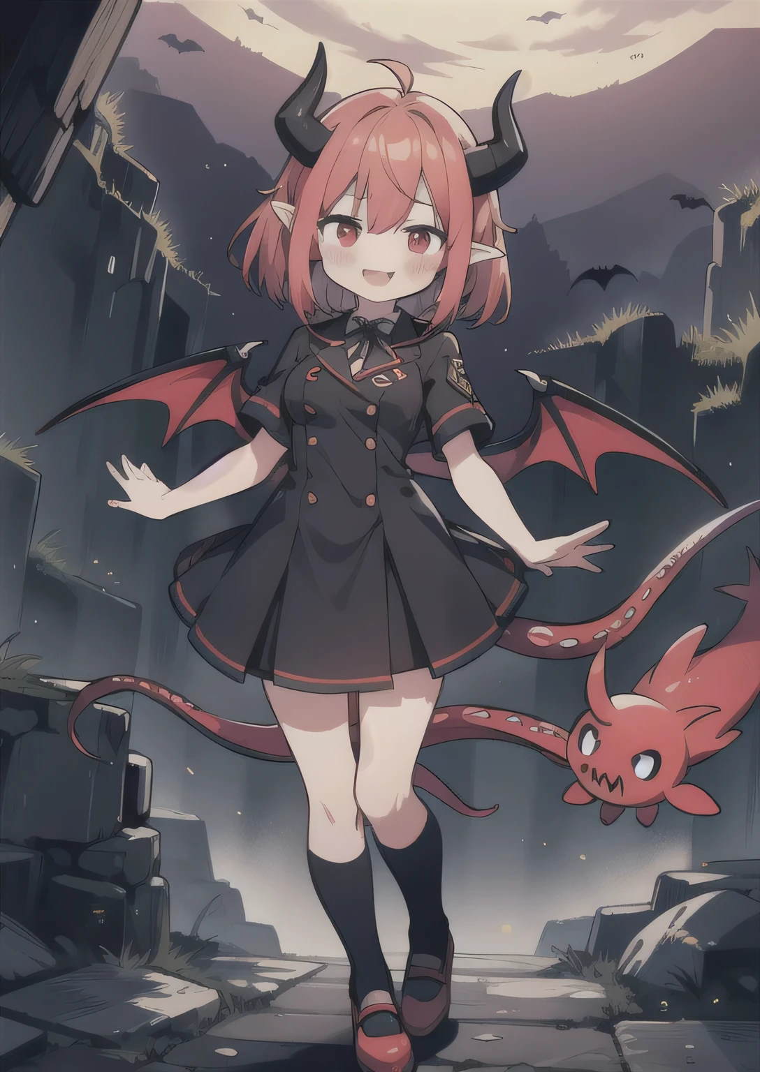 8K, 1girl, petit, adult, kawaii vampire, crimson hair, short hair, red eyes, fang, bat wings, smile, (blush), (shy), pointed ears, looking at viewer, dynamic angle, wind, game cg, fantastic scenery, demon tail, thin tail, black horns, medium breast, show full body, class uniform, dungeons, summon, magic, octopus, squid