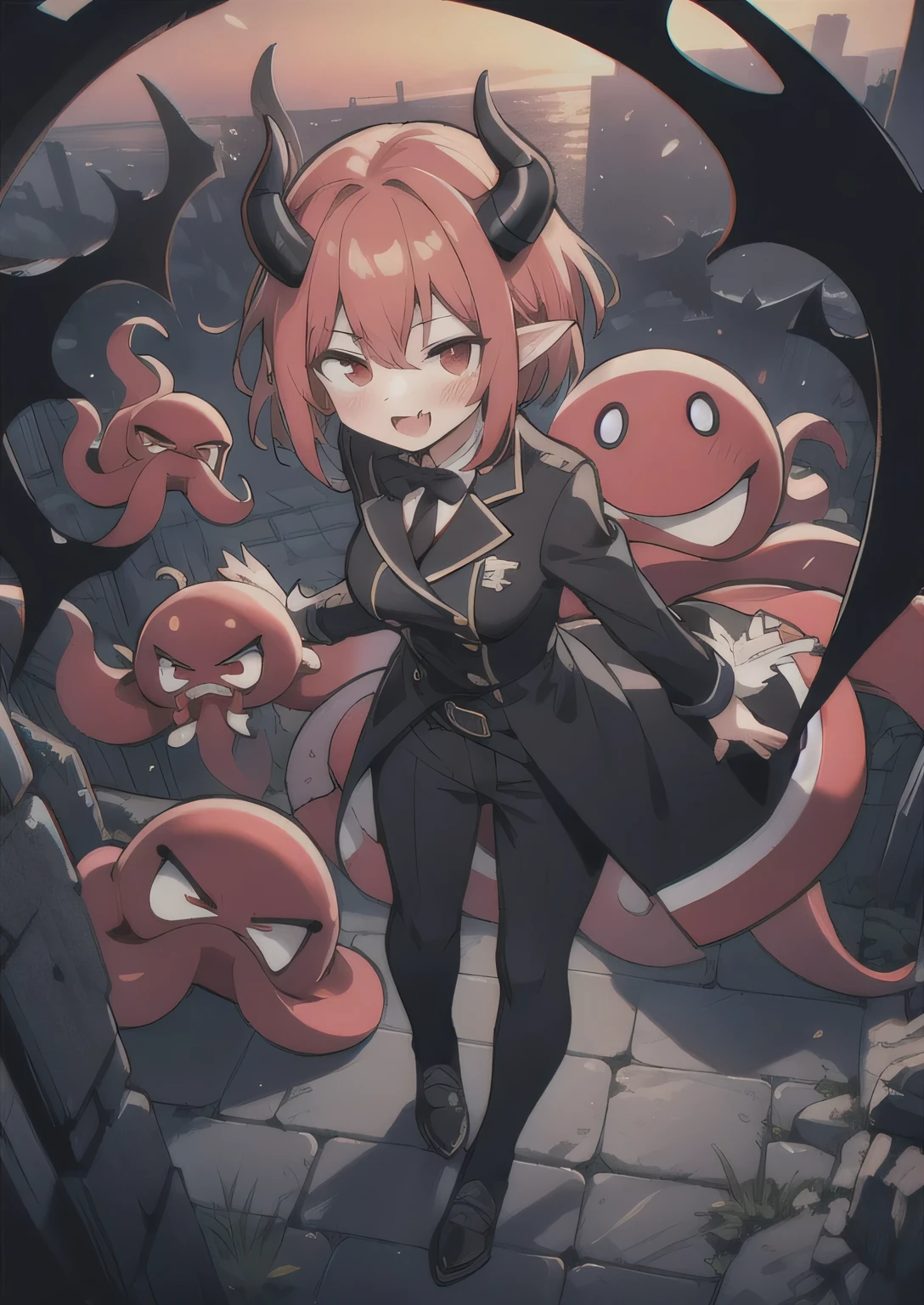8K,  1girl, petit, adult, kawaii vampire, crimson hair, short hair, red eyes, fang, bat wings, smile, (blush), (shy), pointed ears, looking at viewer,  dynamic angle, wind, game cg, fantastic scenery, demon tail, thin tail, black horns, medium breast, show full body, class uniform, dungeons, summon, magic,  octopus, squid