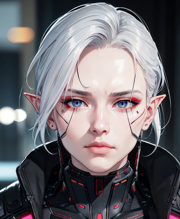 cyber_mark, facial mark, 1boy, cyborg, solo, closed mouth, portrait, nose, (cyberpunk style:1.3), medium intensity lighting, (bokeh:1.3), jealous facial expression, pear face, elf, elf ear, clean-shaven haircut, white hair, round eye shape, aquamarine eyes, crooked nose, charming, (HDR:1.3)