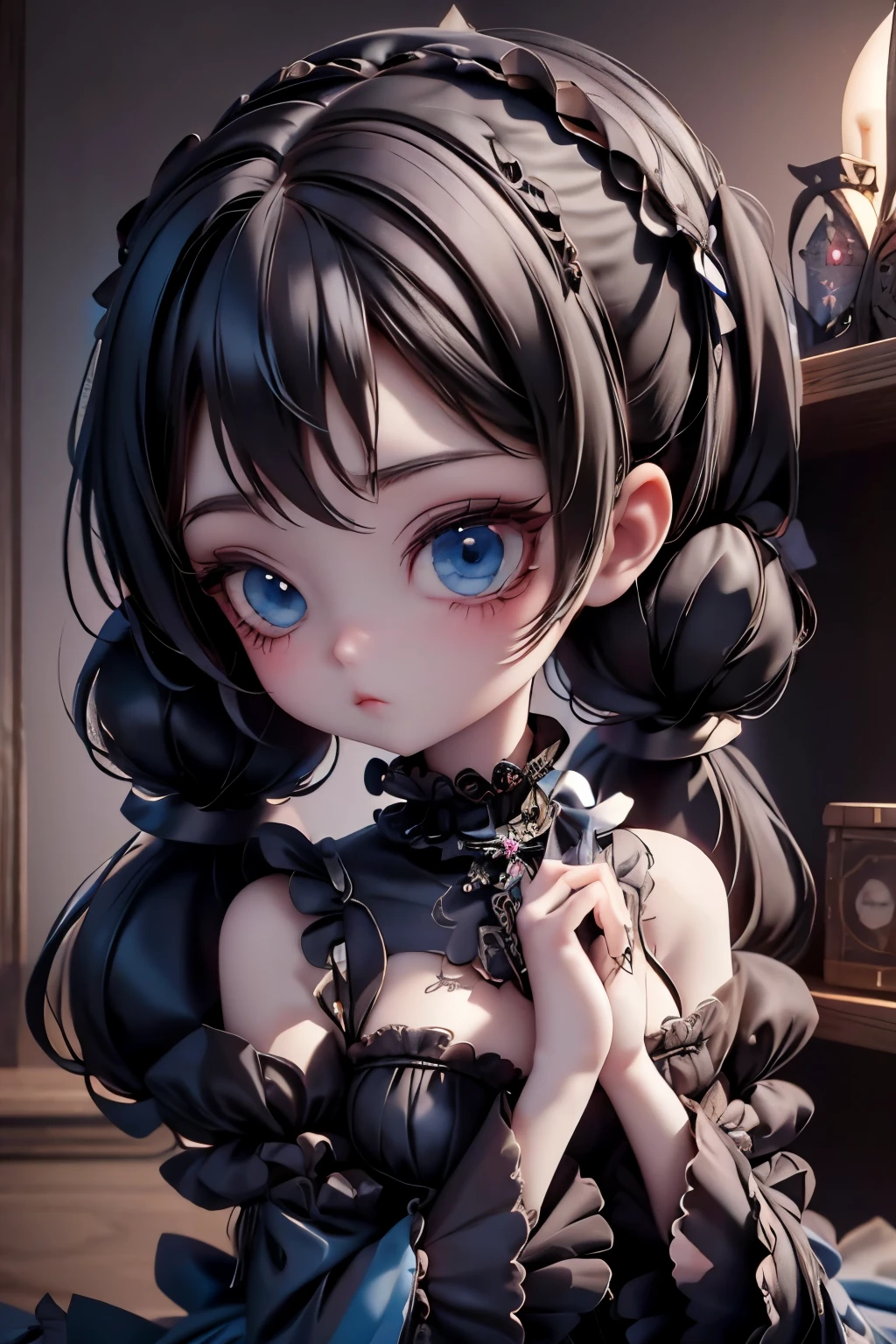 Gothic style doll, pretty girl, thin limbs, black twin tails, big blue eyes, displayed on a shelf