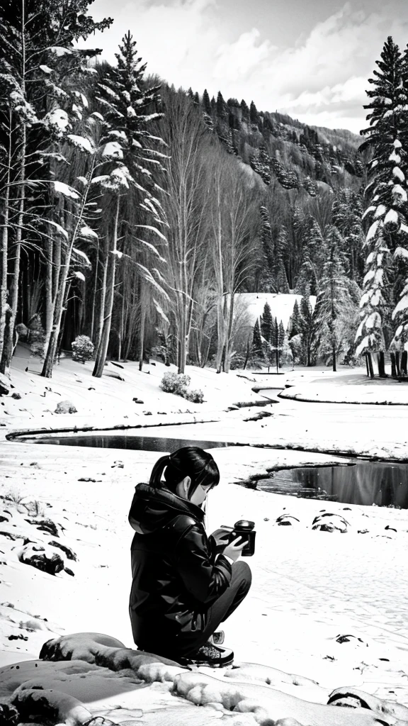 Black and white photography、A girl is playing、Beautiful snowy scenery