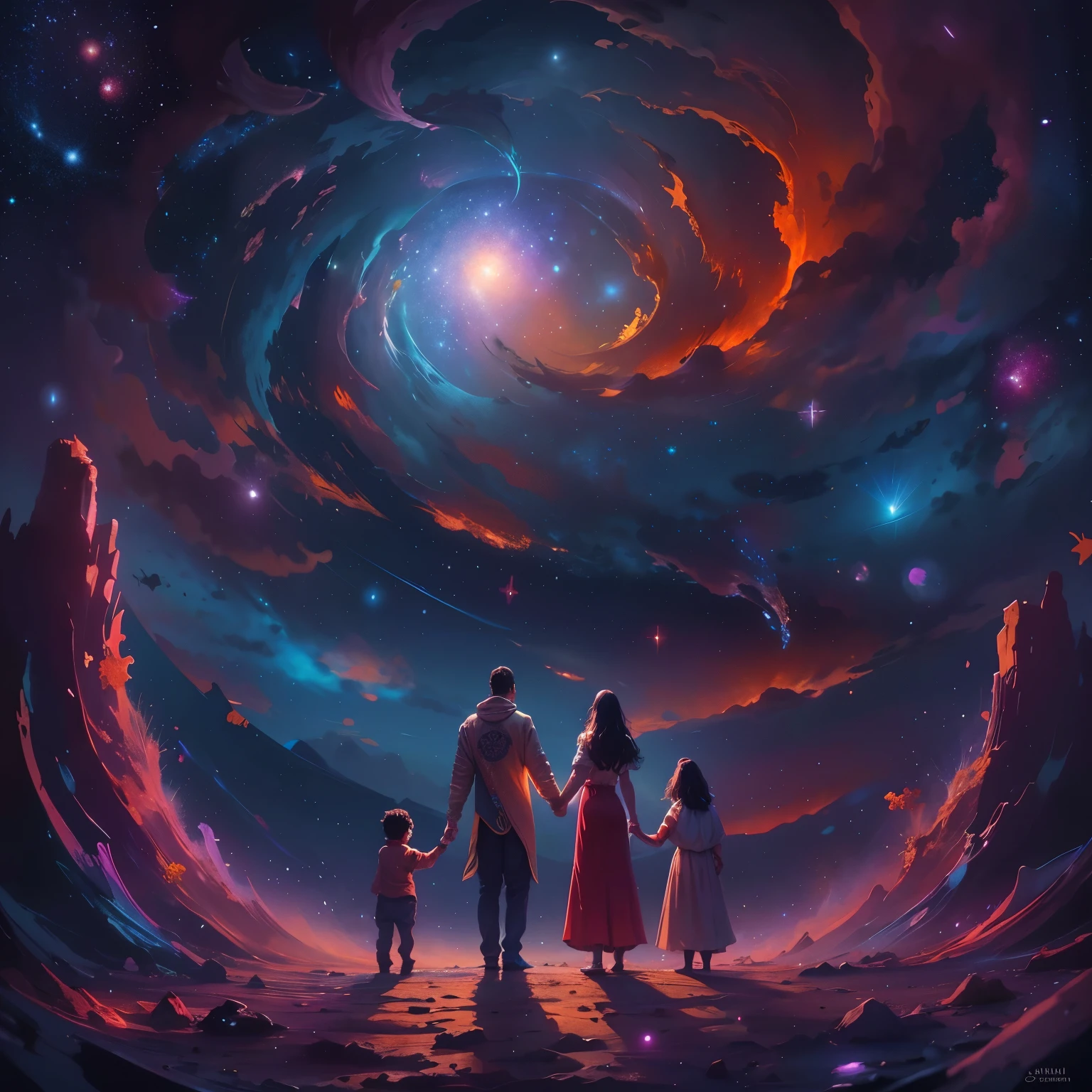 Imagine your mother's spiritual expression., Father and son united, Hand in hand, Immerse yourself in spiritual presence with bright colors, mainly red and blue. This scene, Exciting and beautiful, It must be visually striking, 8K resolution for incredible detail.
In the vastness of the starry night sky, Planets and, Comets and the entire galaxy, Visualize higher realities and advanced concepts, Beyond Mathematics, philosophy, art and beauty. This acrylic paint, Shot with a 35mm lens, It's sure to be a masterpiece of 8K quality., Inspired by Greg Rutkowski's no-marker style.
