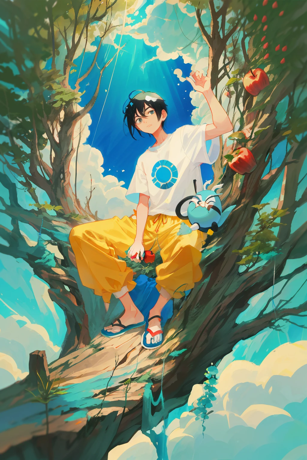 Cartoon character Doraemon, armed with a makeshift gun, stands determined and ready in a dense forest under the bright daylight. Surrounding him are majestic mountains with cascading rivers flowing at their foot, creating a serene and picturesque landscape. Nobita, unaware of the impending danger, is seen a short distance away, munching on an apple resting precariously on his head. The cruel juxtaposition of peace and potential action adds an element of suspense to this hilarious Doraemon scene plucked straight out of a vibrant and intricately detailed digital art illustration.