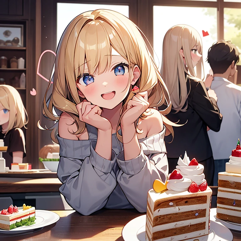 Masterpiece, Top quality, 1 beautiful girl, (1cake:1.2) , (looking at cake on table:1.5), blond, wave Hair, medium hair, diagonal bangs, junior high school student, standard weight, Off-the-shoulder sweater, (delighted :1.5) , surprised:1.2, (with heart-shaped eyes :1.5), open big mouth, beautiful scene of cafe,  blurry background, magnificent panorama view, from front, hands up