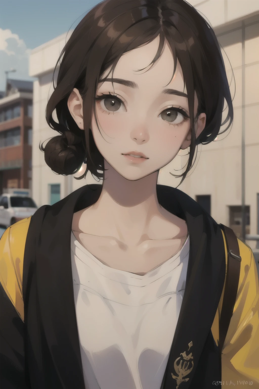 ((mejor calidad)), ((obra maestra)), (detallado), perfect face Korean student with dark brown hair and hazel eyes.., flaca y mide 1,60 m. Con ropa escolar