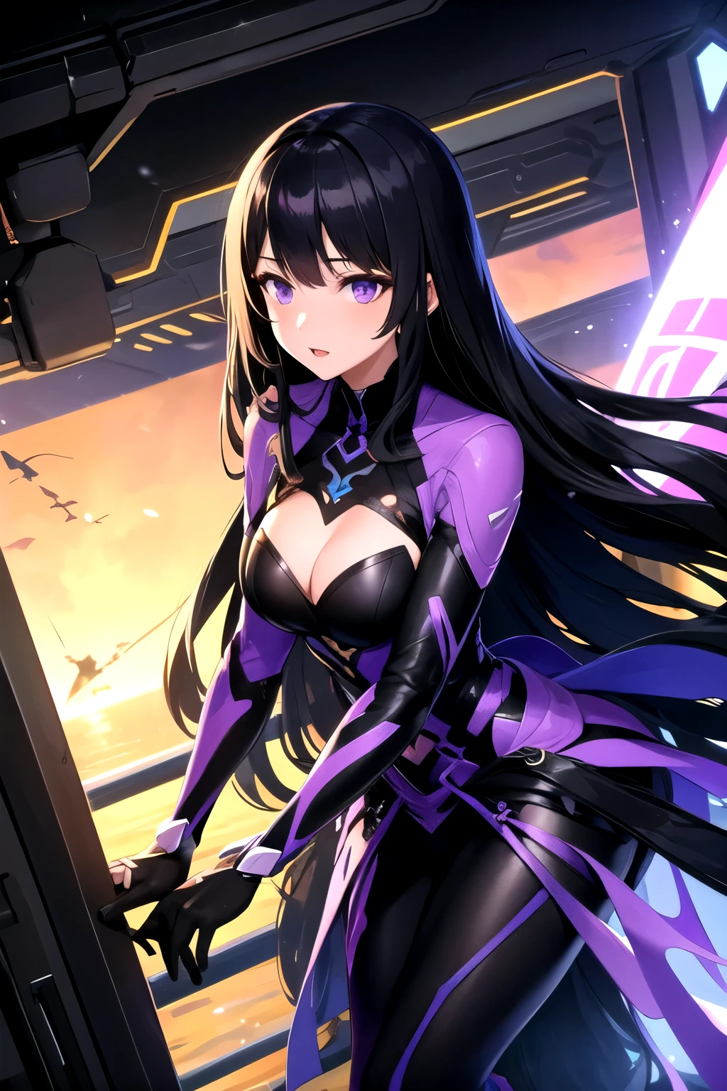 beautiful woman, long black hair, purple eyes, black futuristic outfit, purple details, large bust, inside the ship, high quality