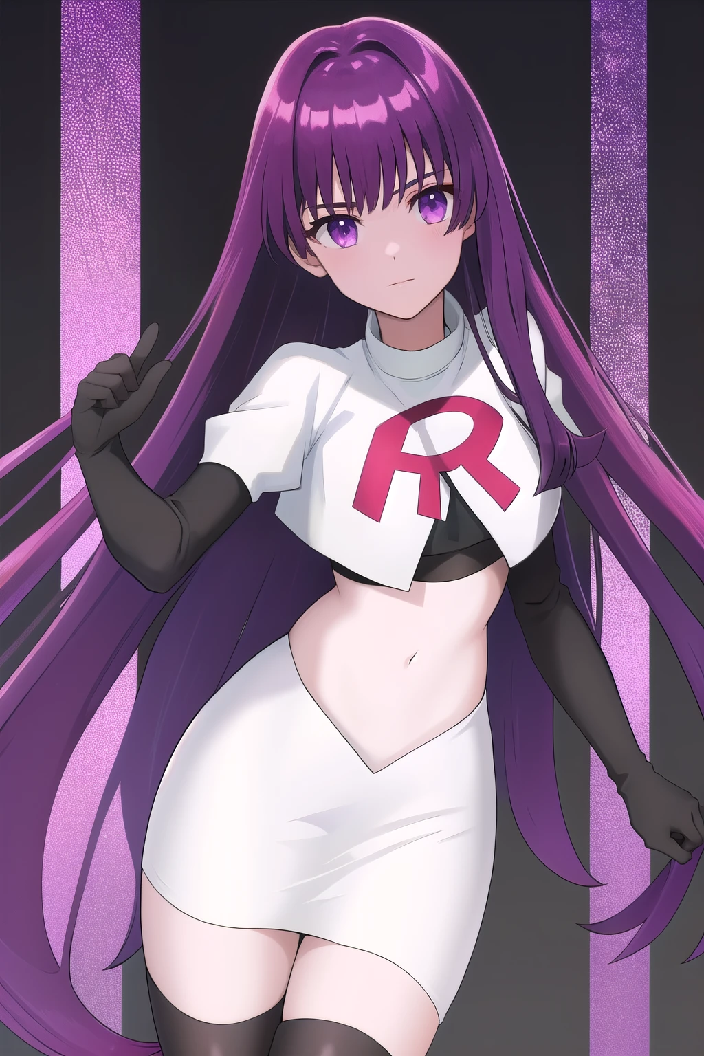 veyle_engage, 1girl, purple eyes, solo, team rocket,team rocket uniform,white skirt,red letter R,crop top,black thigh-highs,black elbow gloves