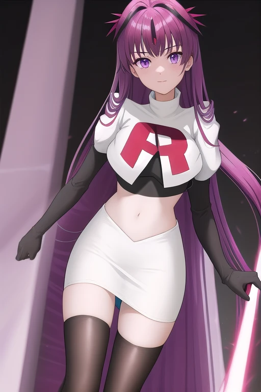 veyle_engage, 1girl, purple eyes, solo, team rocket,team rocket uniform,white skirt,red letter R,crop top,black thigh-highs,black elbow gloves