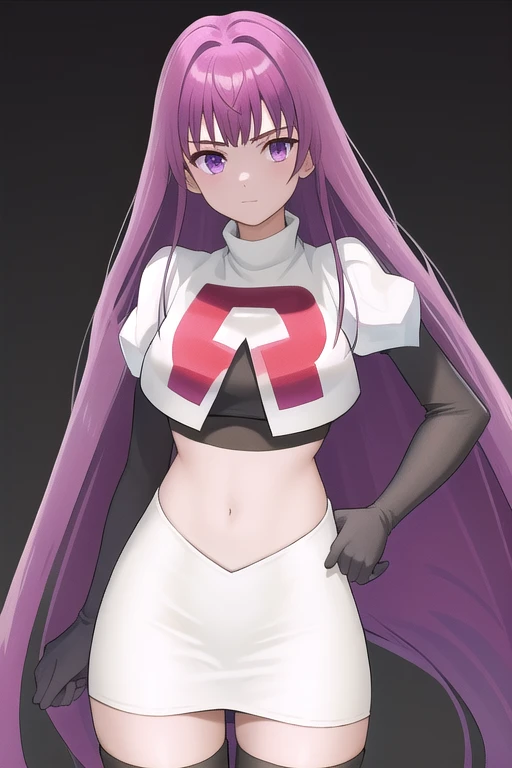 veyle_engage, 1girl, purple eyes, solo, team rocket,team rocket uniform,white skirt,red letter R,crop top,black thigh-highs,black elbow gloves