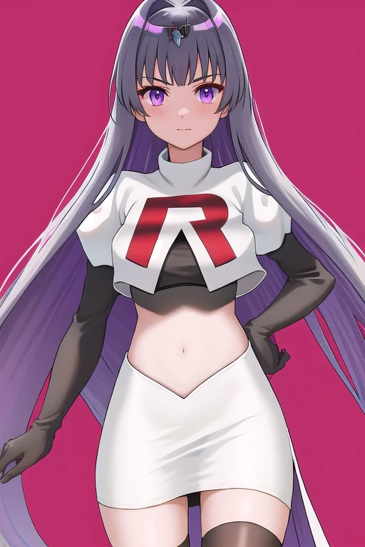 veyle_engage, 1girl, purple eyes, solo, team rocket,team rocket uniform,white skirt,red letter R,crop top,black thigh-highs,black elbow gloves