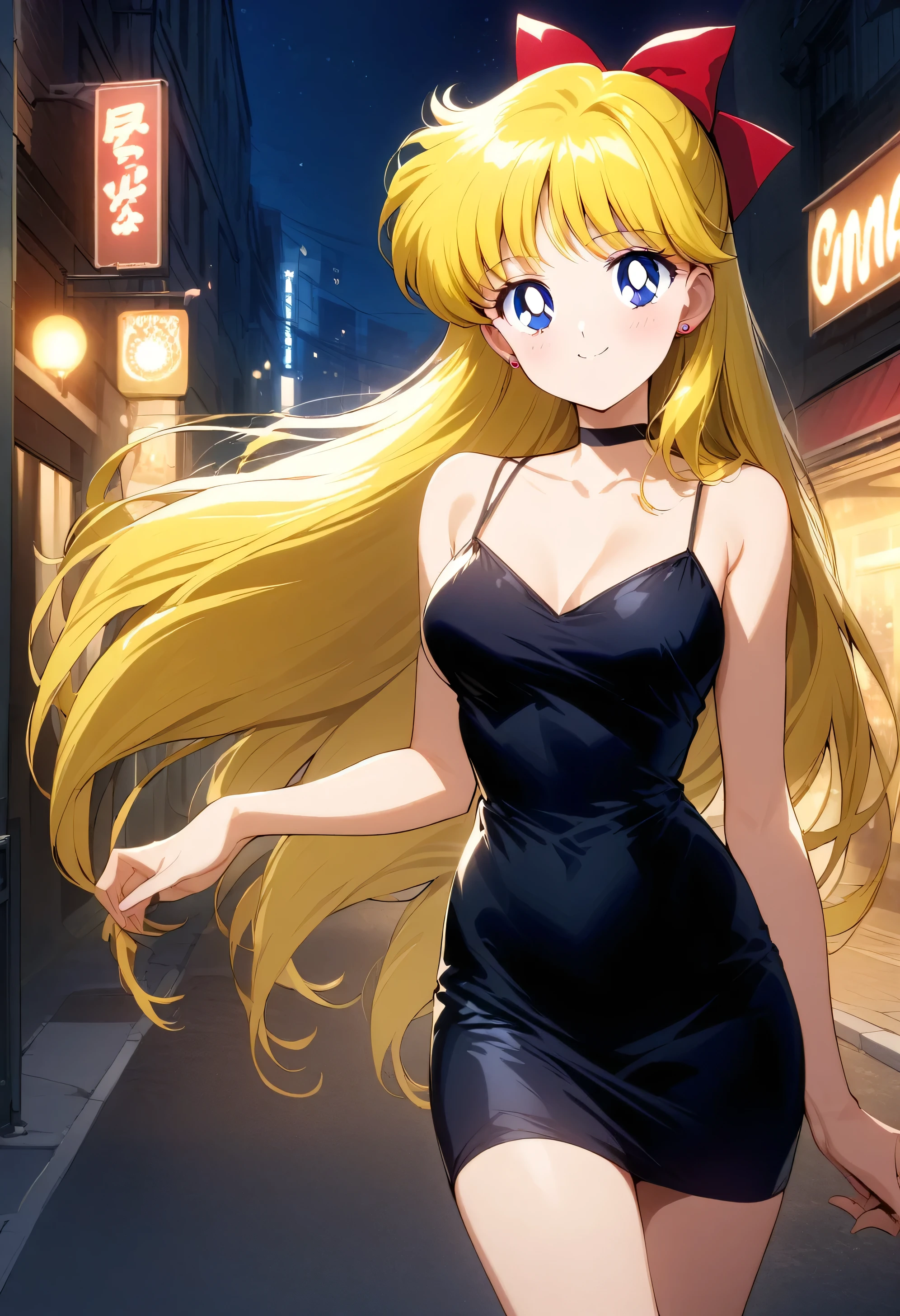 masterpiece, best quality, very aesthetic, absurdres, aavenus, long hair, blonde hair, hair bow, blue eyes, earrings, taut dress, spaghetti strap, black dress, sleeveless, night, street, standing, cowboy shot, medium breast, smile